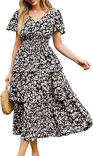 GRACE KARIN Women's 2024 Floral Summer Long Midi Dress V Neck Short Sleeve Ruffle Tiered Layered Boho Swing Dresses