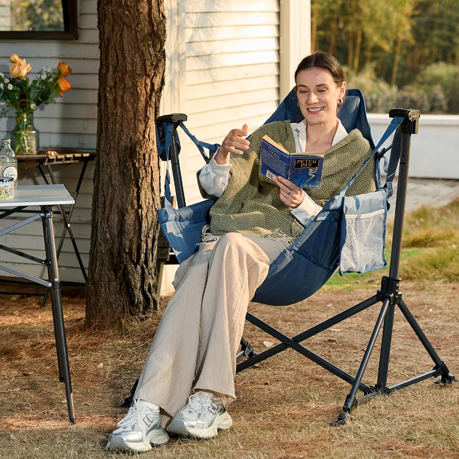 Portal Hammock Camping Chair Heavy Duty 400lbs - Swinging Chair Outdoor with Adjustable Recline & Headrest Pillow, Portable Hammock Swing Chair for Camping Beach Sports Events, Blue