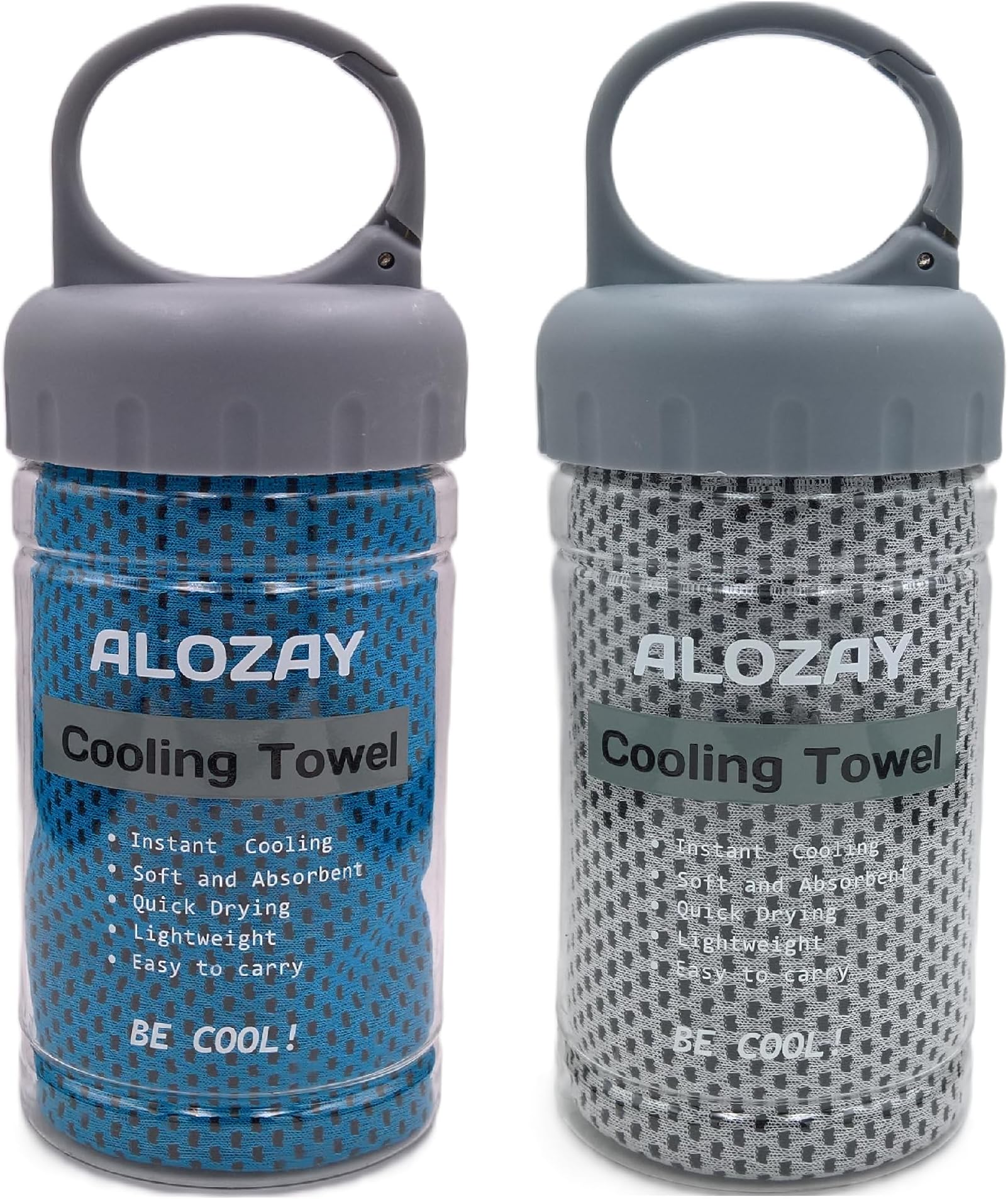 2 Pack Cooling Towel (100x30 cm) with Handle Carry Package, Microfiber Ice Towel for Instant Relief, Soft Breathable Chilly Towel for Yoga, Sports, Fitness, Travel, Golf, Gym (Blue/Grey)