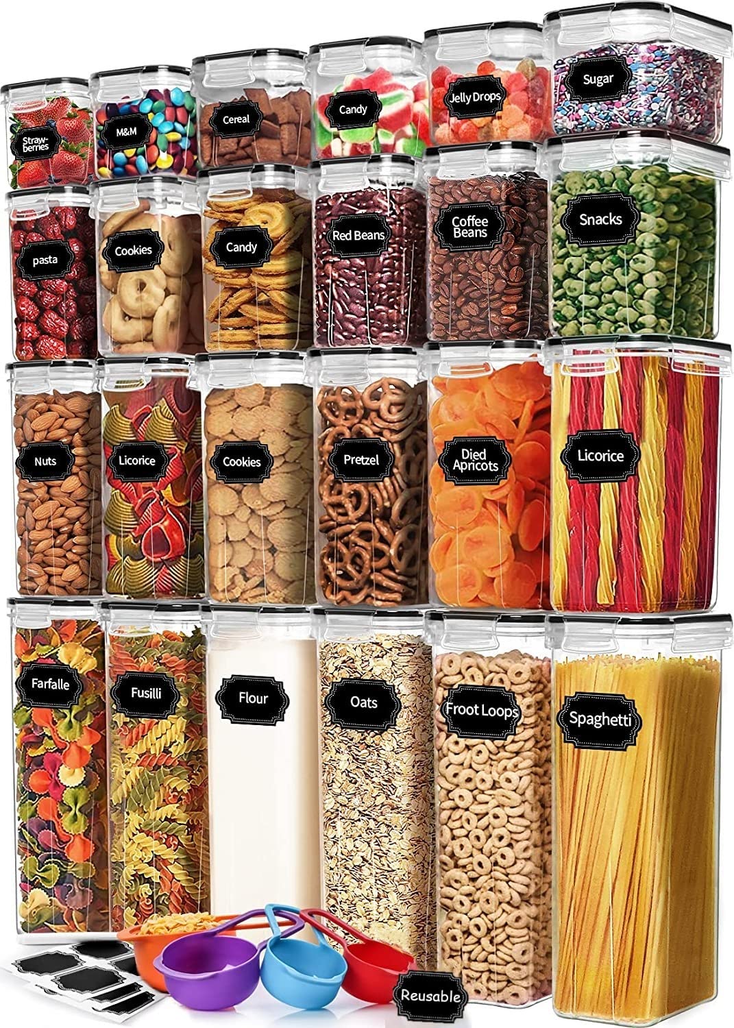 KAHEIGN 24Pcs Airtight Food Storage Container, 4 Size Plastic Cereal Storage Container BPA Free Clear Pantry Canister with Lids for Flour Sugar Rice Dry Food - with Labels, Marker & Spoon