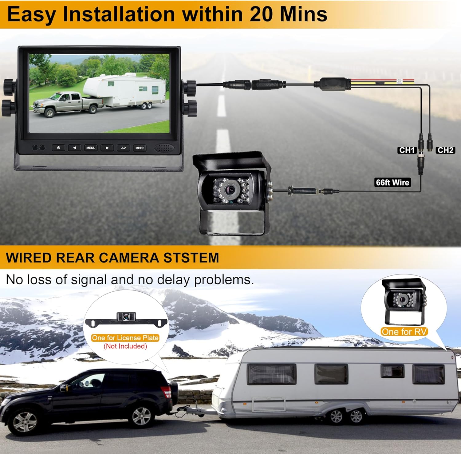 RV Backup Camera, HD 1080P Rear Cam Reverse Back up Camera System with 7 Inch Monitor for RV Truck Trailer Pickup SUV Camper Jeep Car
