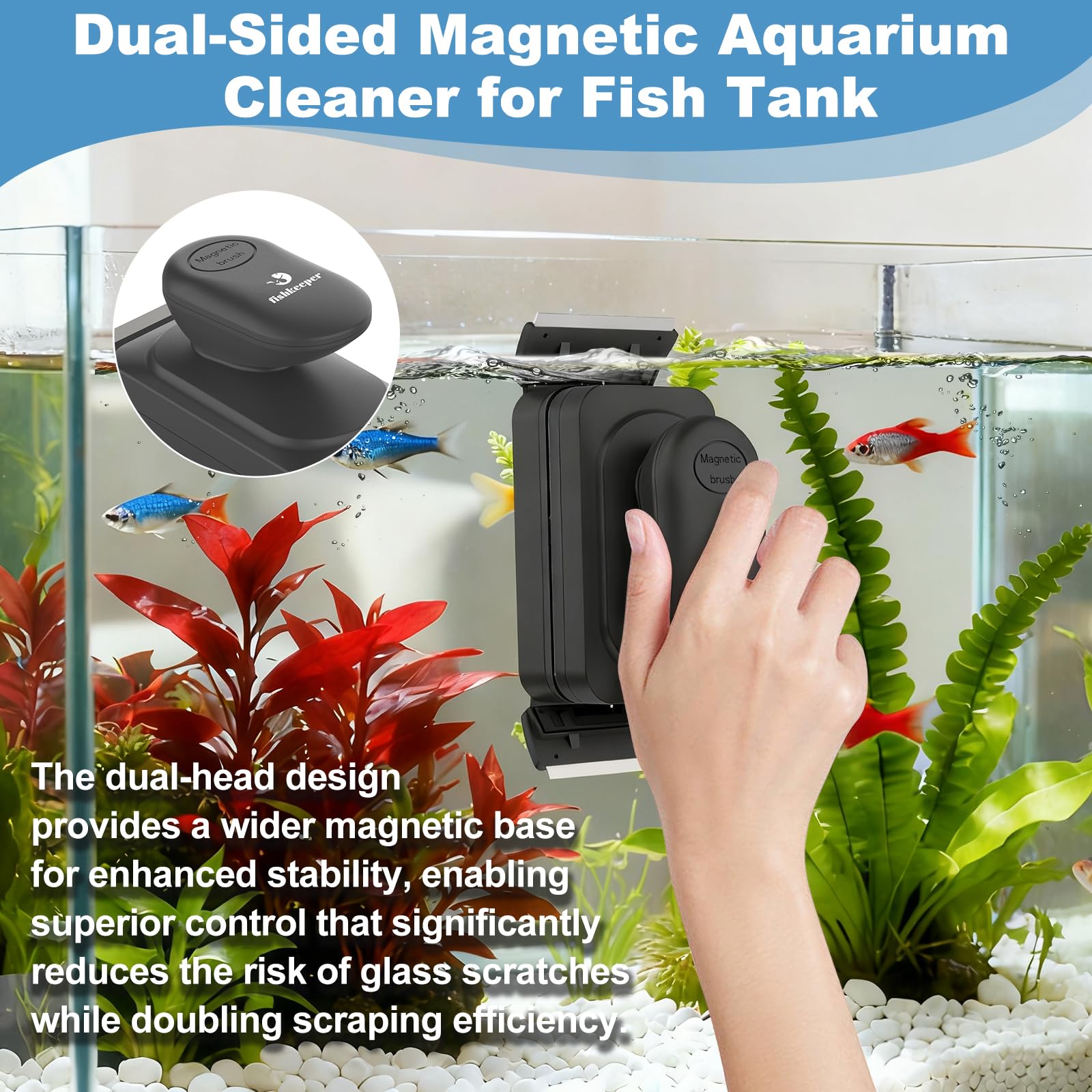 fishkeeper Nettoyant magnétique pour vitres d'aquarium avec 4 racloirs à algues | Brosse flottante 2 en 1, nettoyeur magnétique double face pour aquariums en verre et acrylique de 1 à 1,5 cm d'épaisseur (L)