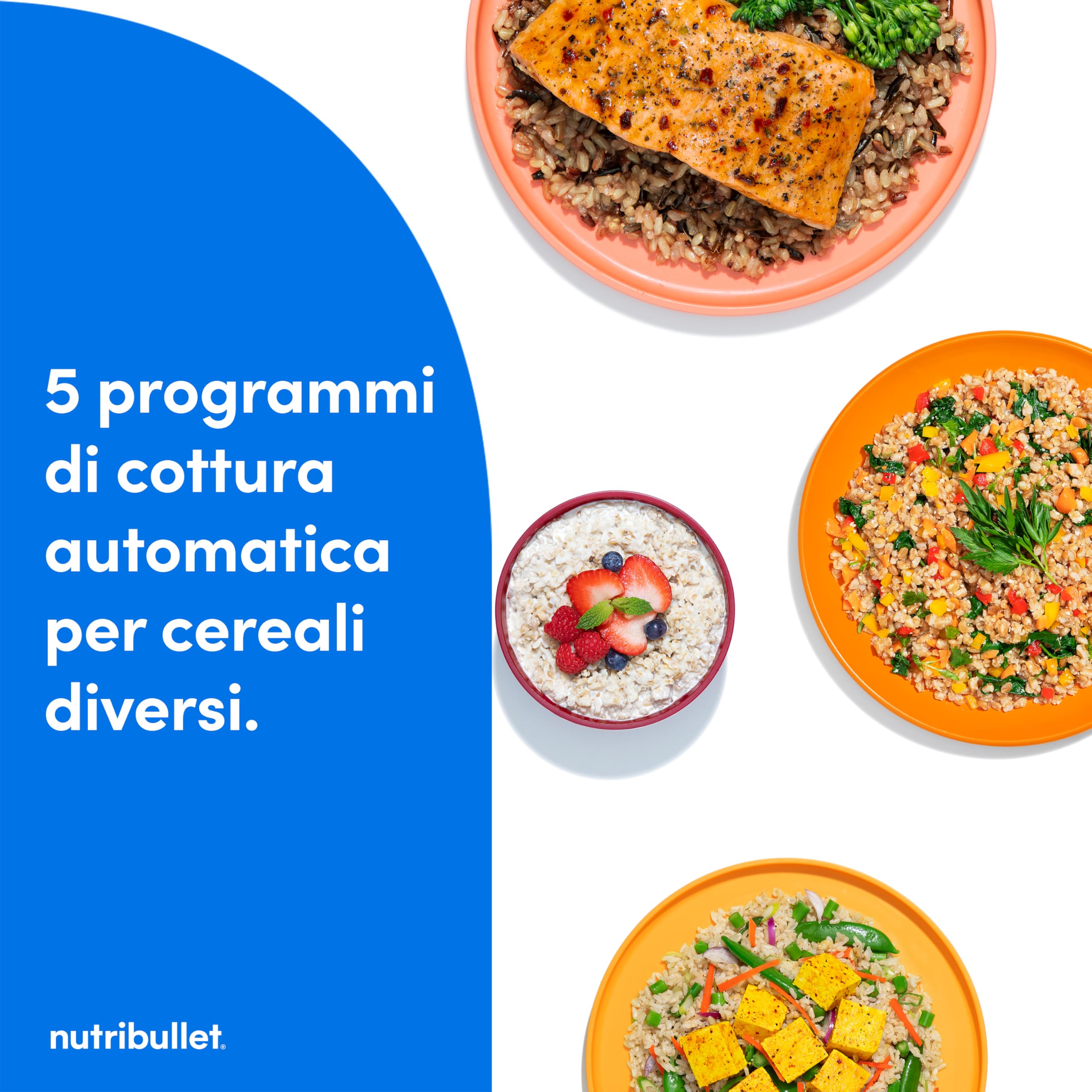 nutribullet EveryGrain Cooker - Cuociriso Multifunzione, Vaporiera Riso e Cereali, 10 Tazze, con 5 Programmi Automatici, Funzione Mantieni Caldo 12h, con Cucchiaio e Cestello, 600W, Grigio (NBRC605DG)