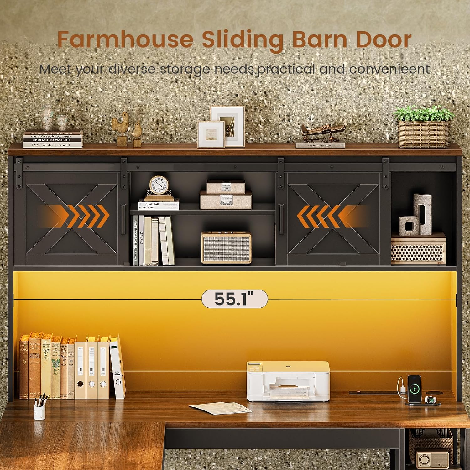 SEDETA 67" Farmhouse L Shaped Desk with Hutch, Black+Brown | Home Office Desks with Drawers & Sliding Doors,Executive Corner Computer Desk with Storage Shelves,Power Outlets,LED Lights image 4