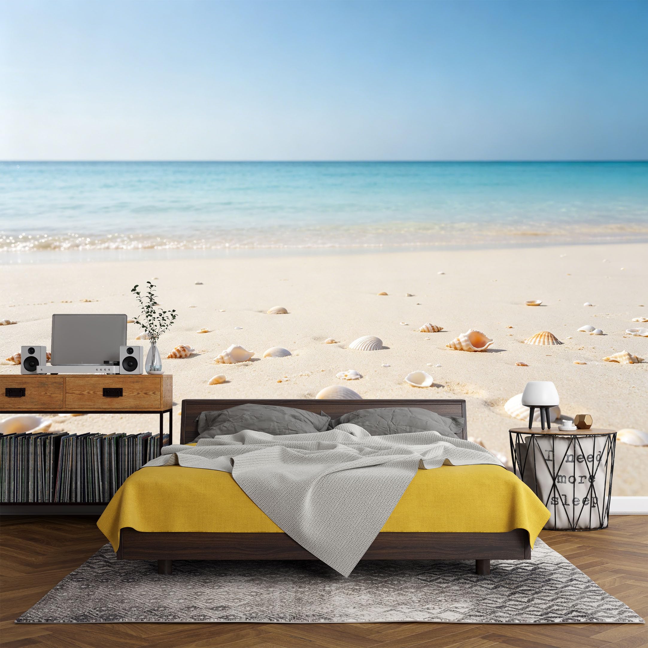 Custom Size Wall Mural， Coastal Seashell Beach Ocean Shore Sand Waves Blue Sky，SelfAdhesive Art Prints wall Fabric (No PVC) Removable Wallpaper Living Room Decor