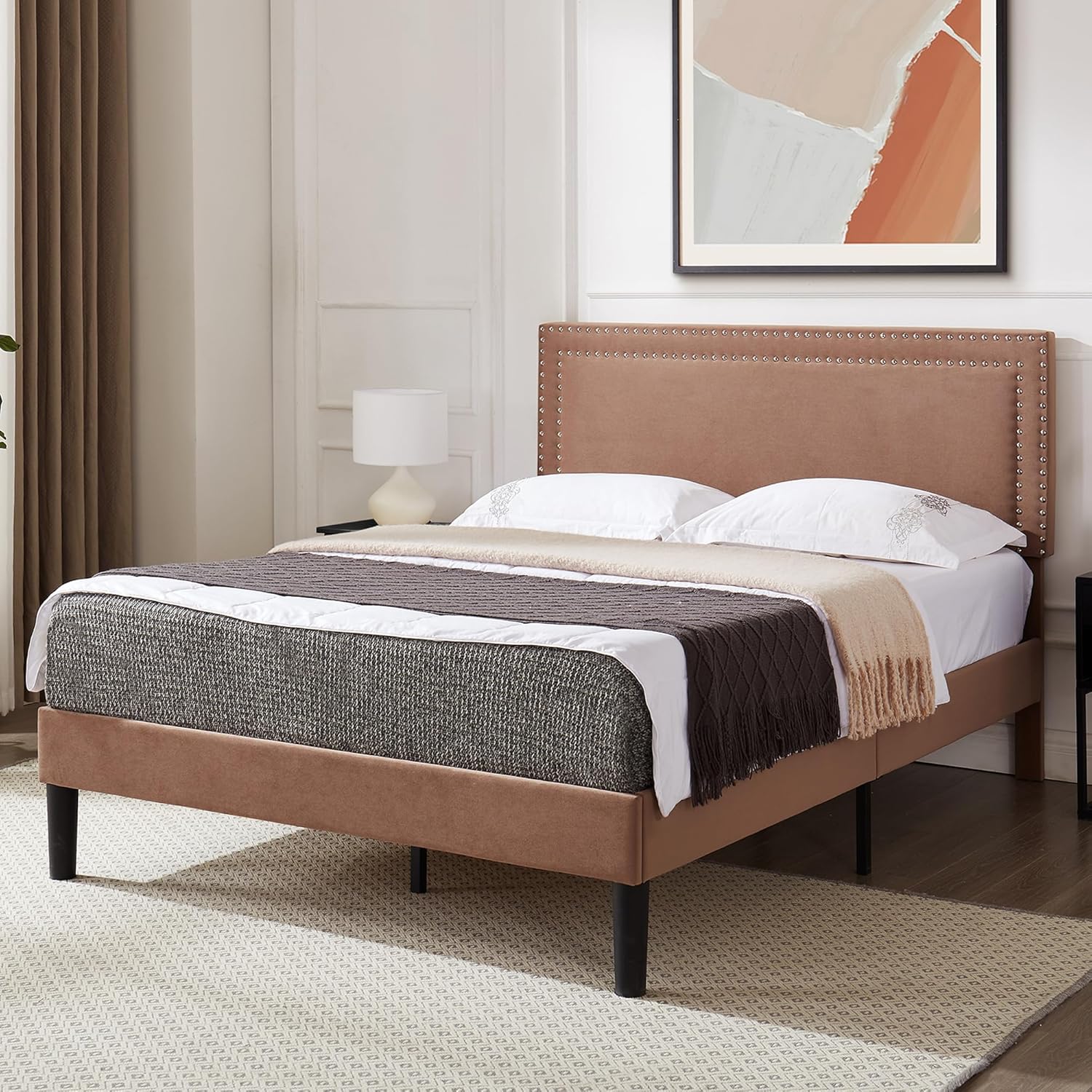 VECELO Bed Frame Queen Size with Adjustable Upholstered Headboard, Wooden Slats Platform, Noise-Free Design, Easy Assembly