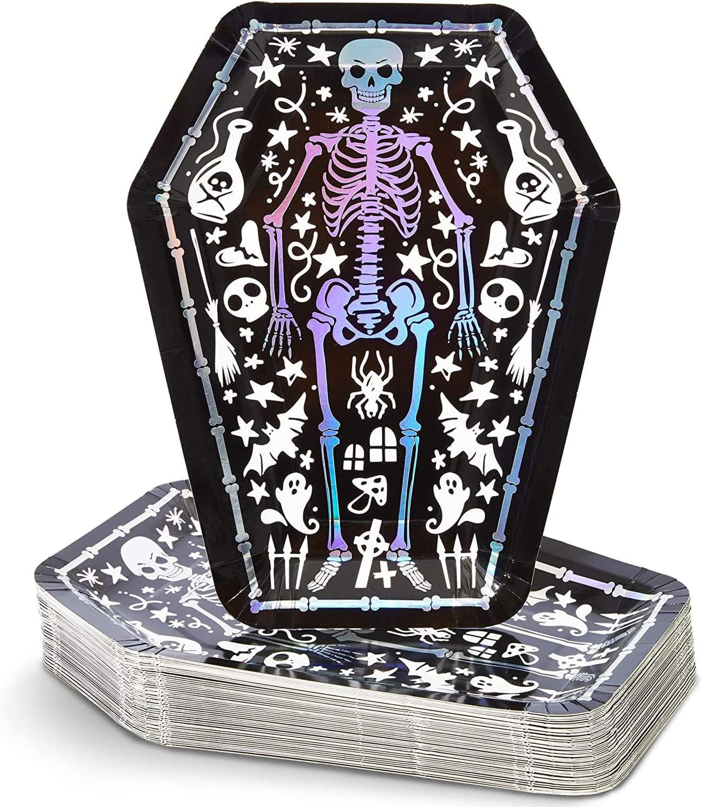 48 Pack Skeleton Coffin Halloween Plates - 10 Inch Disposable Cute Coffin Paper Plates for Black Halloween Party Supplies and Spooky Tableware