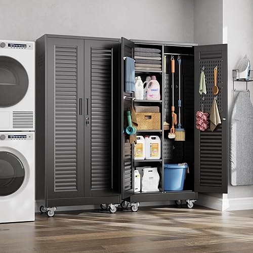 Miniatura 66 de Armario de almacenamiento de garaje con ruedas, gabinete de herramientas de metal de 35.43 pulgadas de alto con tablero de clavijas y 4 ganchos