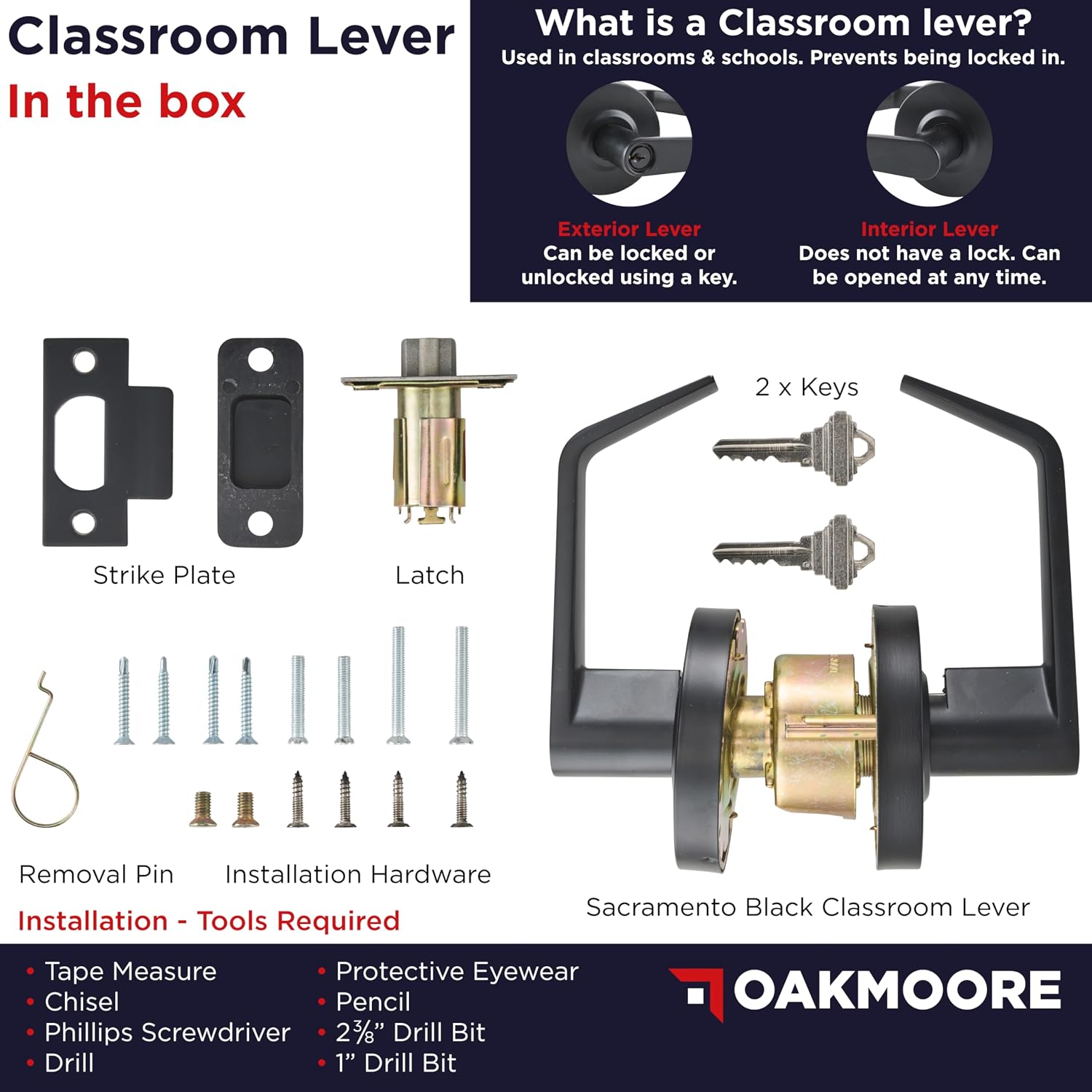 OAKMOORE Commercial Door Handle Black - Grade 2 Lockset - Door Lever Schools Offices Industrial UL CUL & ADA – ANSI A156.2 (Classroom (Exterior Locked/Unlocked with Key))
