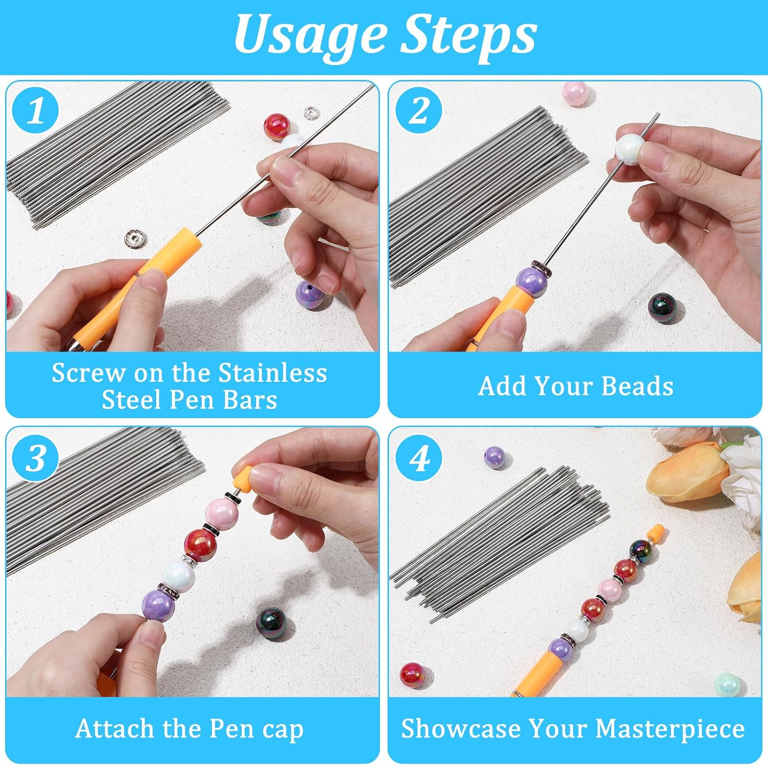 50PCS Pen Extenders for Beadable Pens, 4.6 Inch Stainless Steel DIY Beaded Pens Extender Rods,Replacement Beadpen Bar Extender Parts for Repair Craft Making Office Supplies Gifts image 3