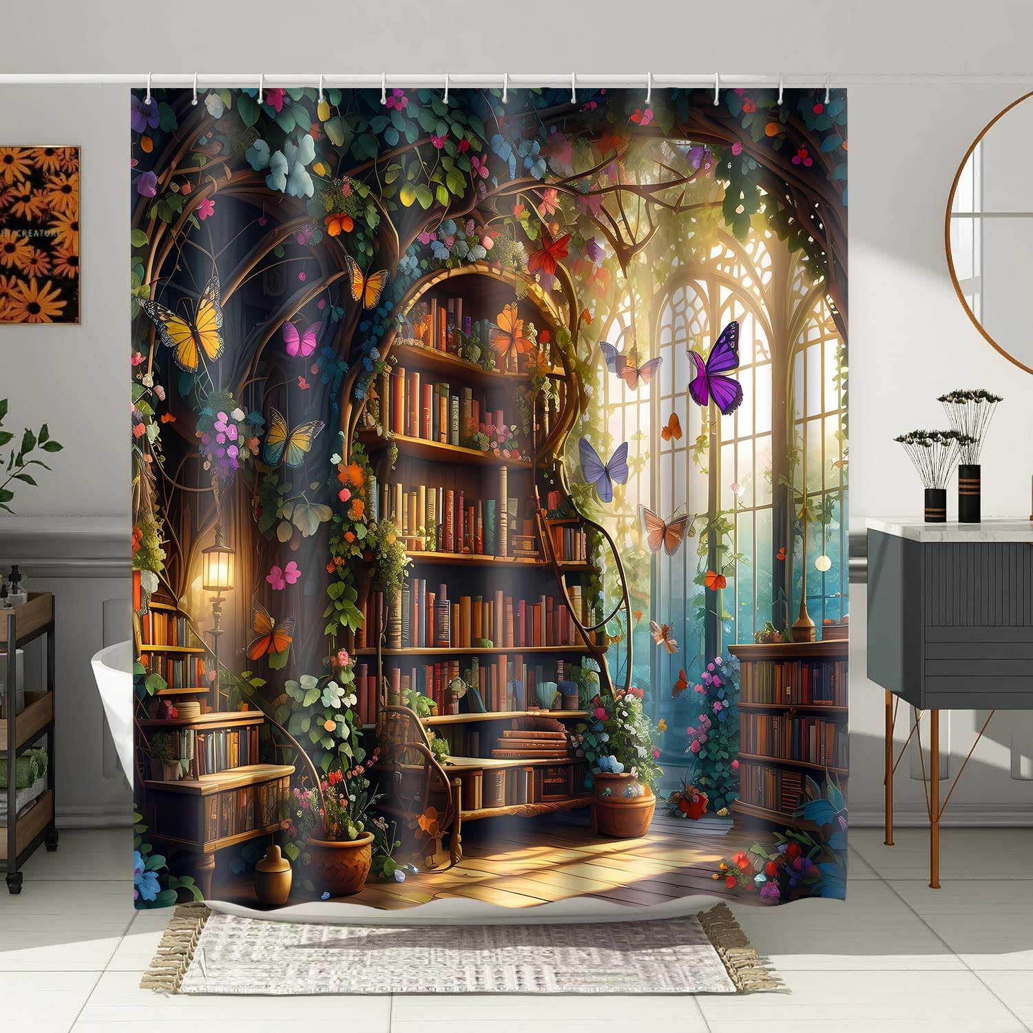 Fantasy Library Shower Curtain Greenhouse Plant Flower Butterfly Bookshelf Bath Shower Curtains 72x78 Inches Fairytale Wonderland Bathroom Decor Accessories with 12 Hooks YLDWPA1210