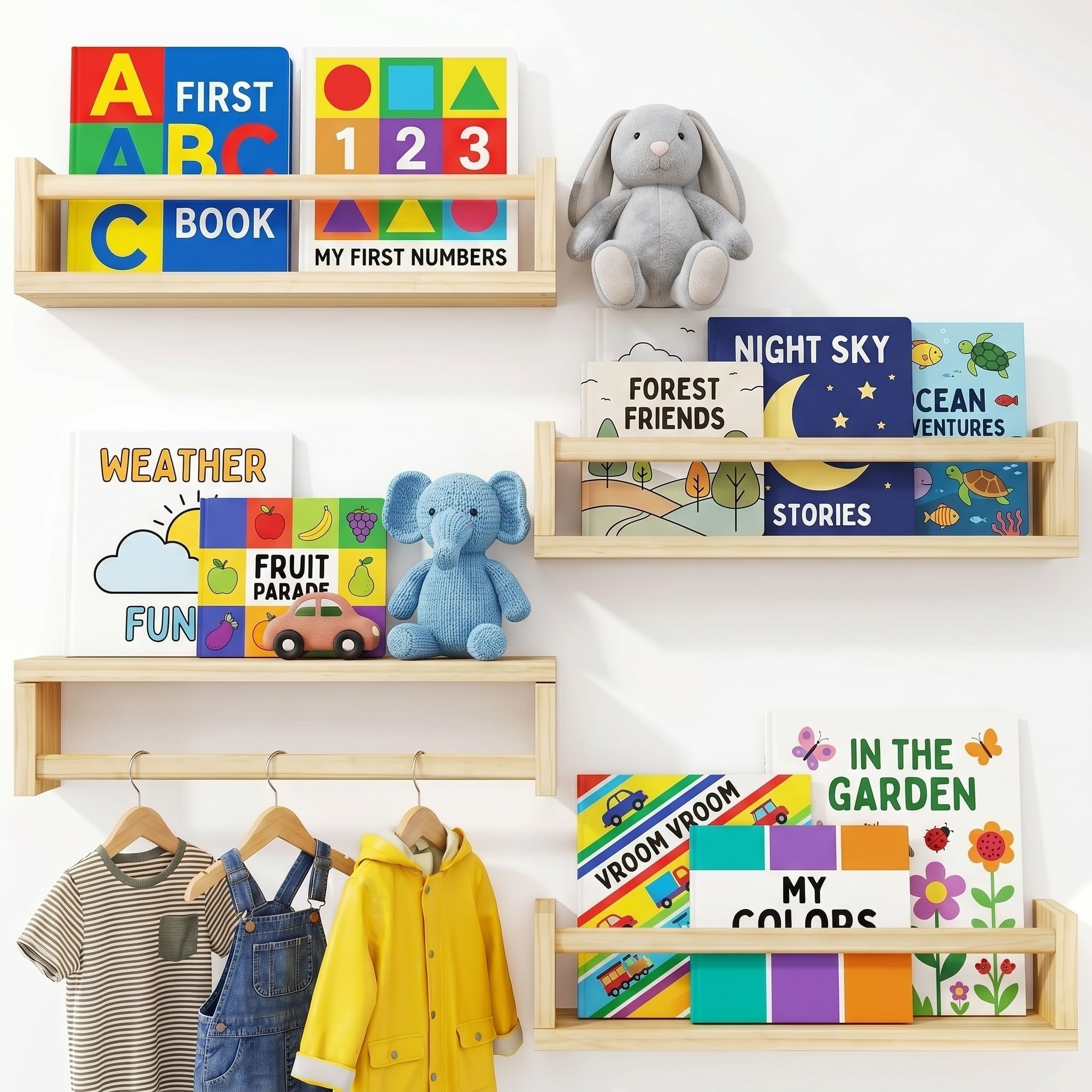SOONHUA Estanteria Infantil Pared, Juego de 4 Estantes Flotantes de Madera, Estantes Pared de Madera Maciza, Baldas Flotantes para Libros y Juguetes, para Habitación Infantil