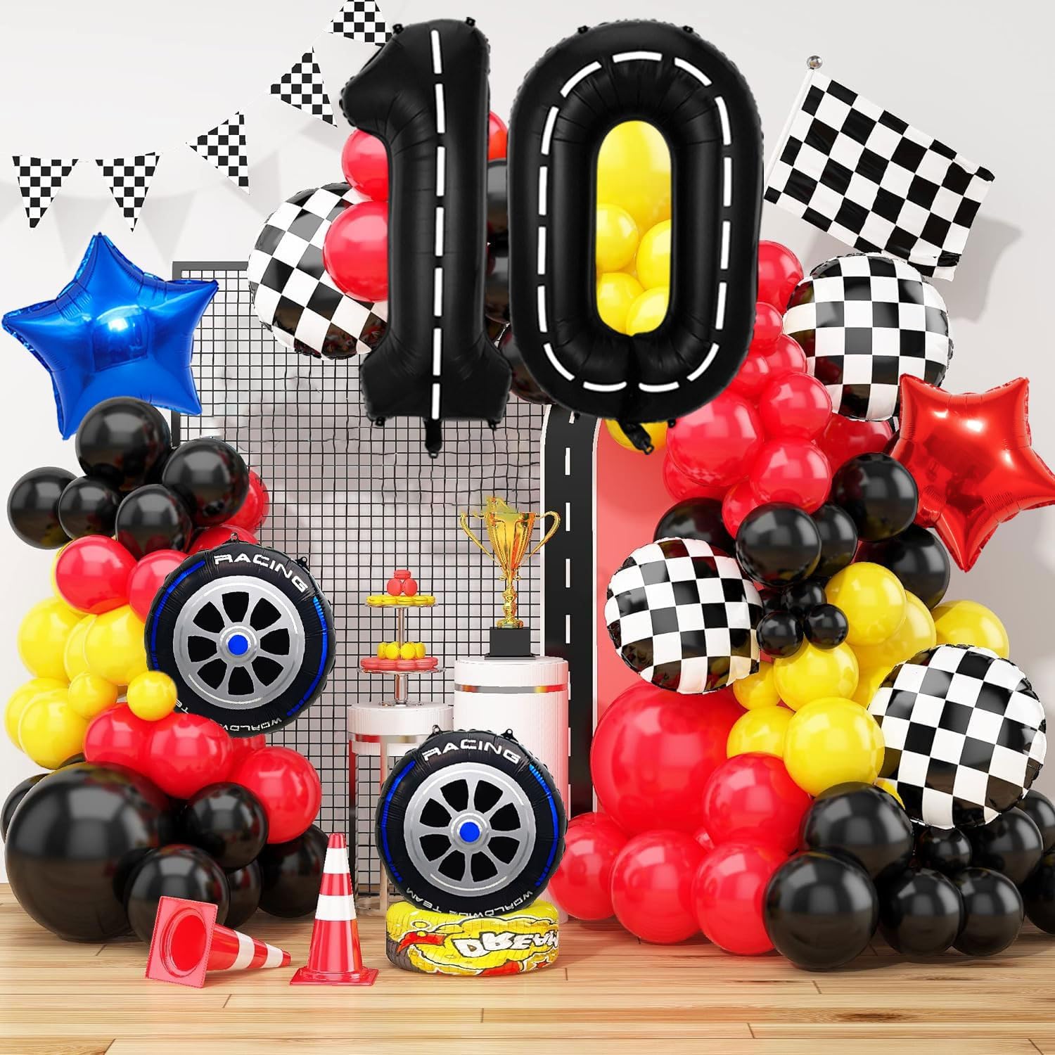 Race Car Balloons Cars Birthday Decorations Foil Wheels Balloon, Large 40 Inch Black Number 0 Balloons for 10st Racing Theme Birthday Party Decor 7 Pcs