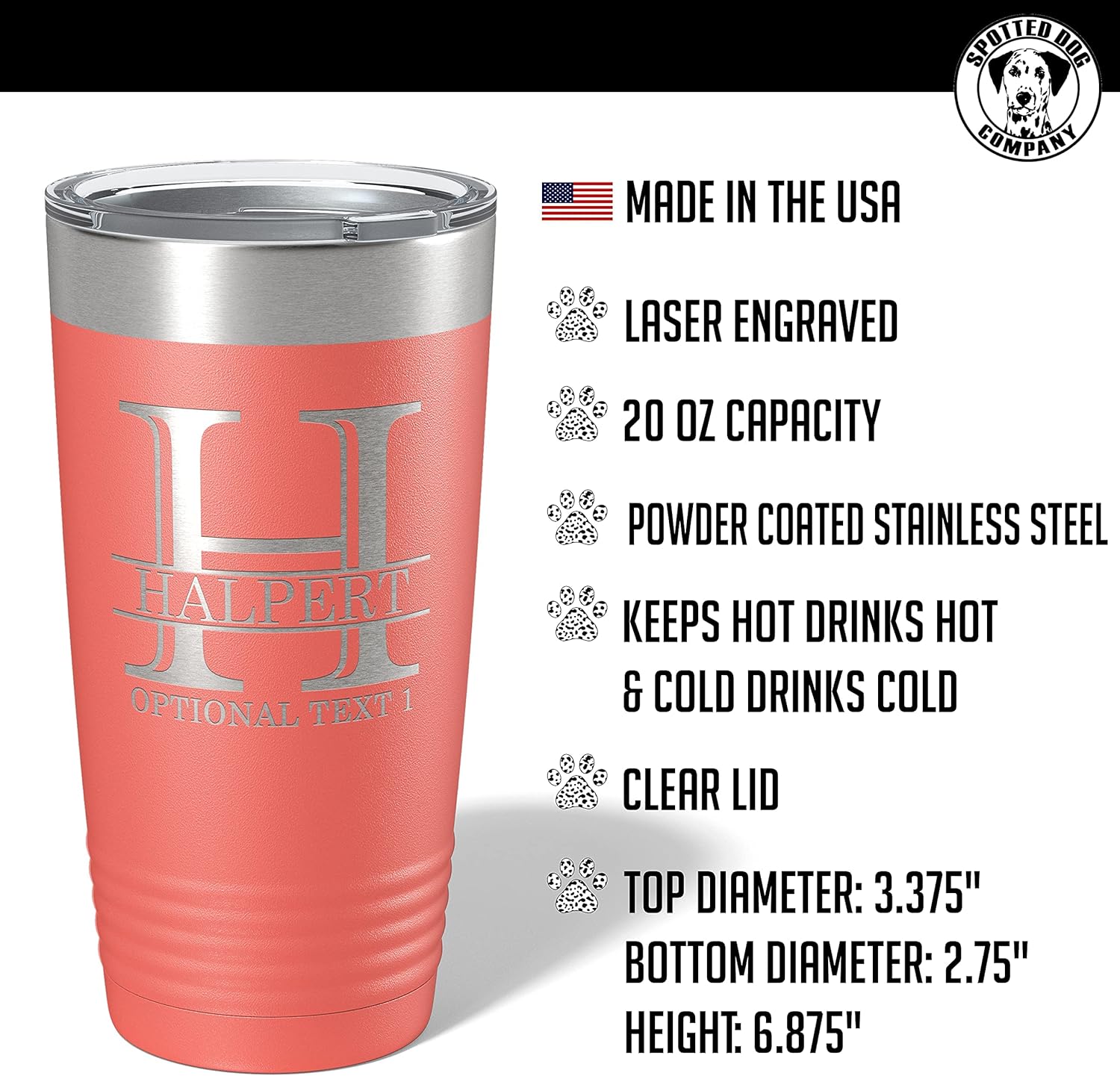 Personalized 20oz (17 Colors) Powder Coated Insulated Stainless Steel Tumbler with Lid, Custom Etched, Customized Engraved Gift Idea for Women Men Her Him, Halpert Monogram Initial Name (Coral)