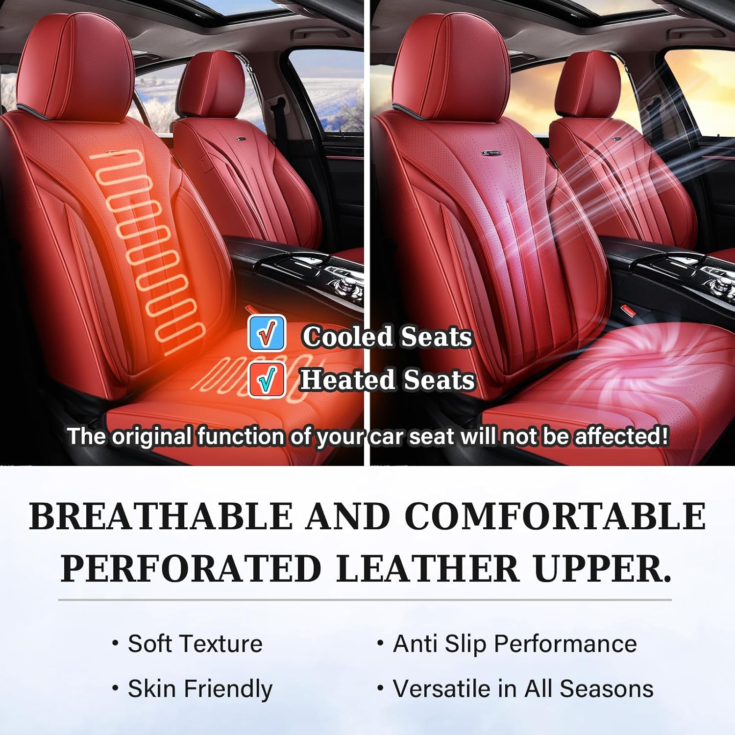 Coverado Seat Covers Full Set, Red Seat Covers for Cars, Front and Rear Seat Covers Waterproof Seat Cover, Leather Car Seat Protector, Universal Car Seat Cushion Fit for Most Sedan, SUV, Truck, Red