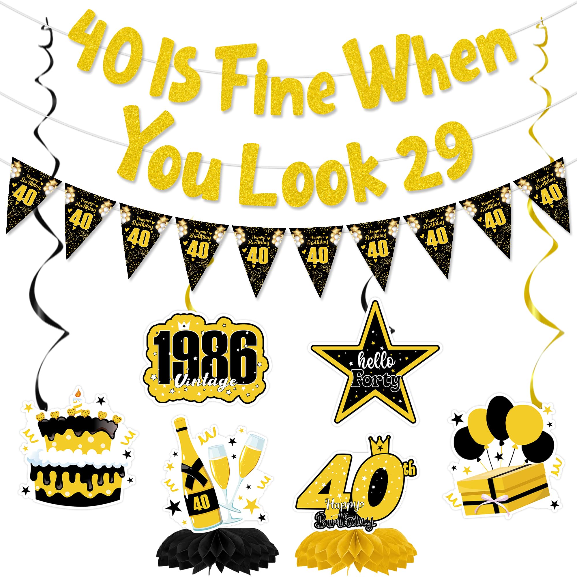 40th Birthday Decorations Black Gold Party Supplies, Funny 40 Birthday Banners with Hanging Swirls and Honeycomb Centerpieces, 40 Birthday Decorations for Men and Women