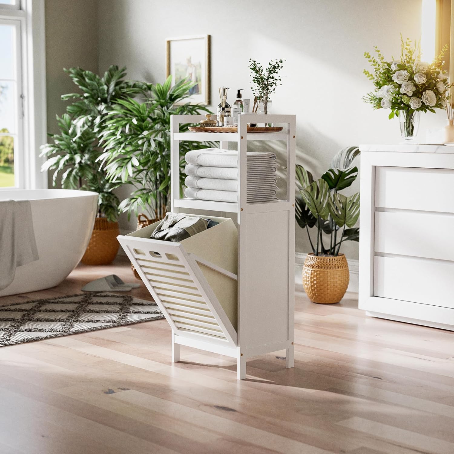 HITNET Bamboo Tilt Out Hamper, 10 Gal Bathroom Laundry Cabinet with Hidden Foldable Basket, Freestanding Clothes Storage Organizer with Storage Shelf, White