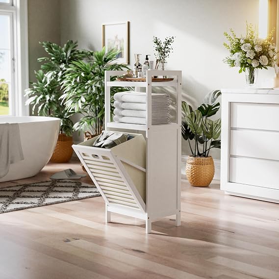 HITNET Bamboo Tilt Out Hamper, 32L Bathroom Laundry Cabinet with Hidden Foldable Basket, Freestanding Clothes Storage Organizer with Storage Shelf, White