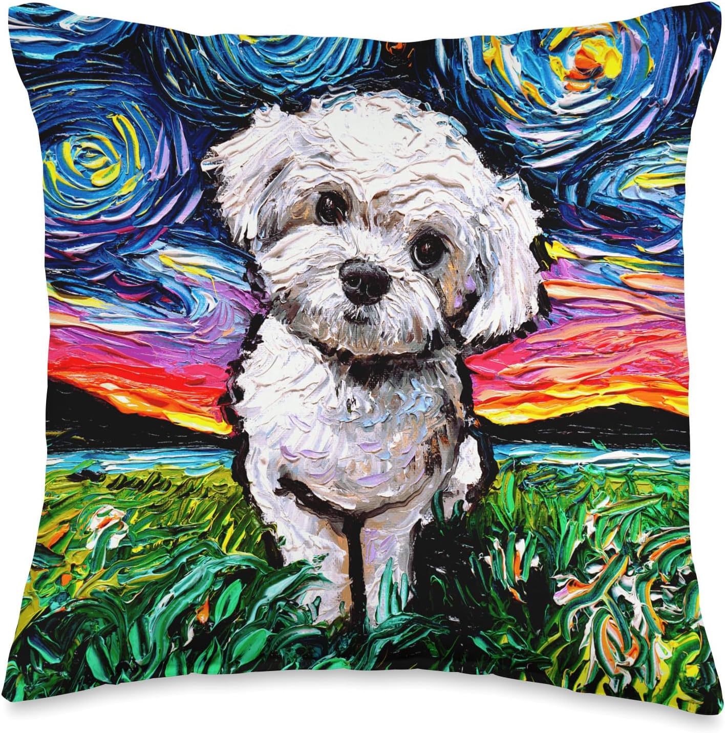 Maltipoo Starry Night White Maltese Poodle Dog Lover Artwork Throw Pillow