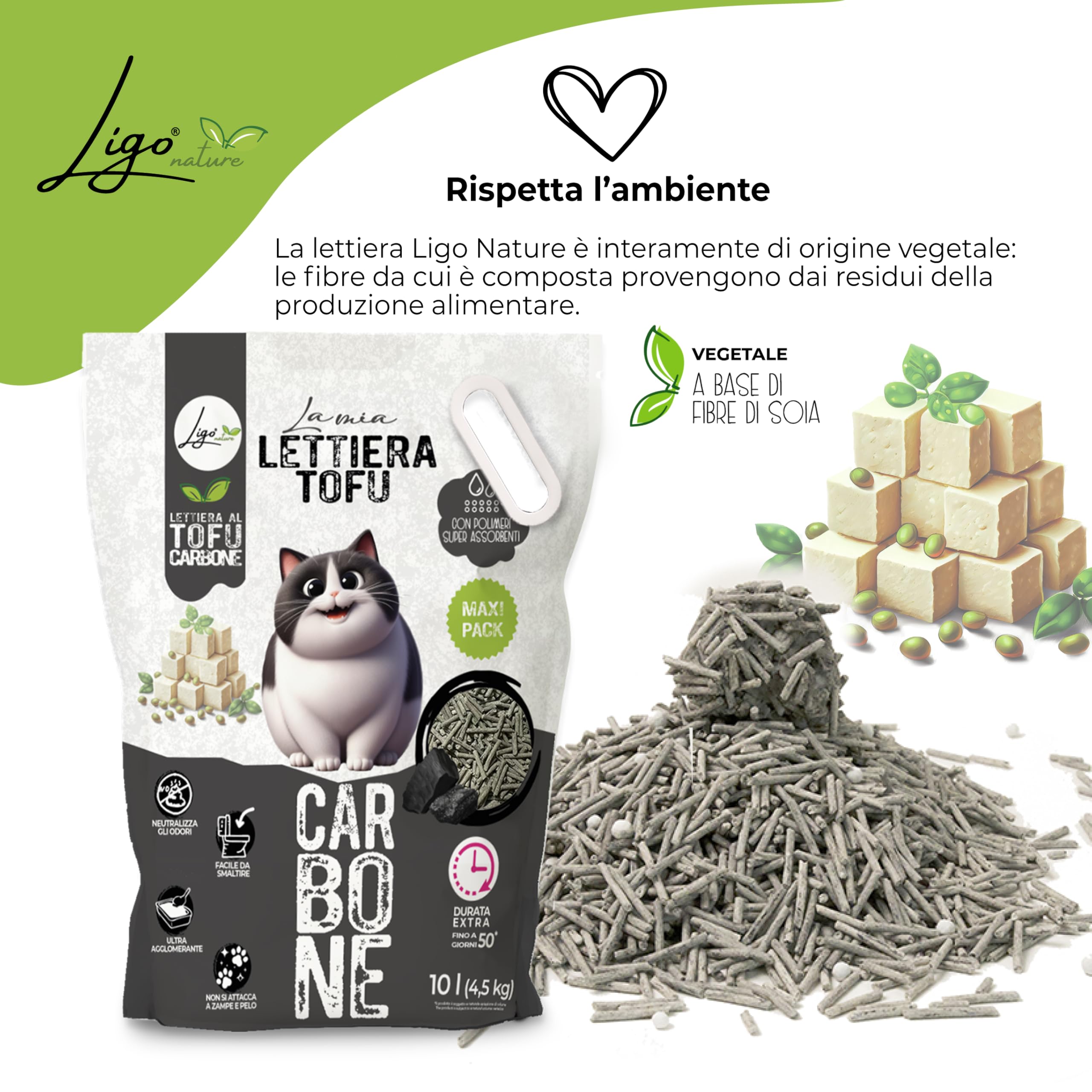 Ligo Nature Lettiera gatto | con carboni attivi| ecologica| ultra assorbente|assorbimento rapido|controllo degli odori|10l