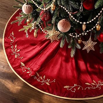 Bunny Chorus Christmas Tree Skirt, 48 inches Red Luxury Velvet Plush Fur Skirts with Gold Embroidered Holly Leaf for Rustic Xmas Tree Holiday Decorations
