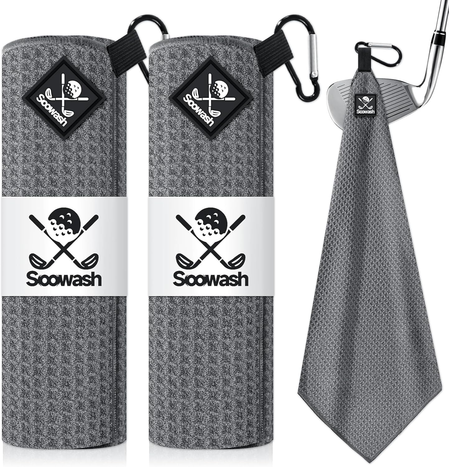 Magnetic Golf Towel 2-Pack, 18x18 Inch Microfiber Waffle Design with Strong Magnet - Golf Towels for Golf Bags/Carts, Quick-Dry & Ultra Absorbent(Grey)