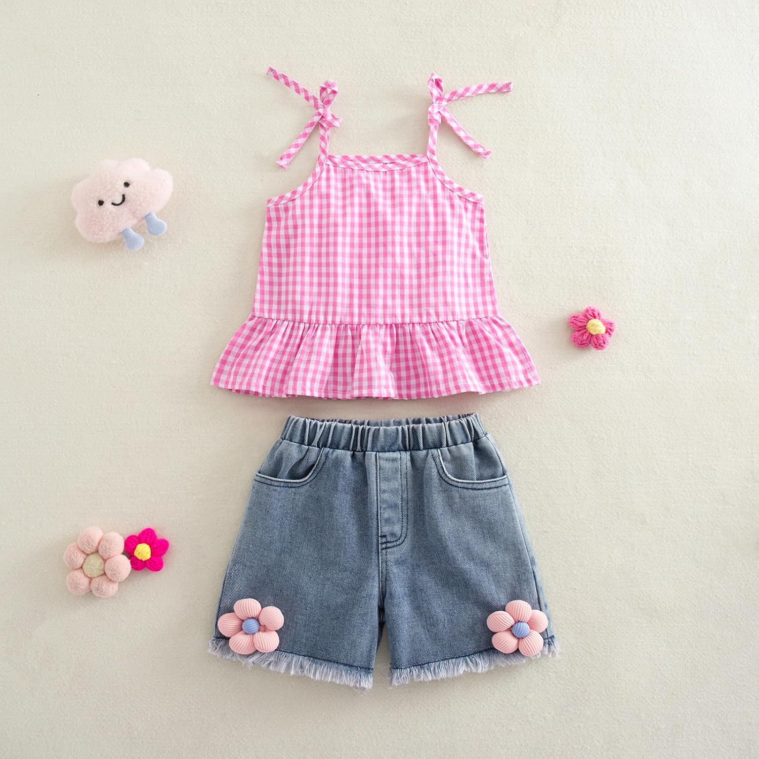 VISGOGO Toddler Baby Girl Summer Denim Outfits Flower/Fruit Jeans Shorts Sleeveless Plaid Tops Kids Girl Linen Clothes Set - Image 4