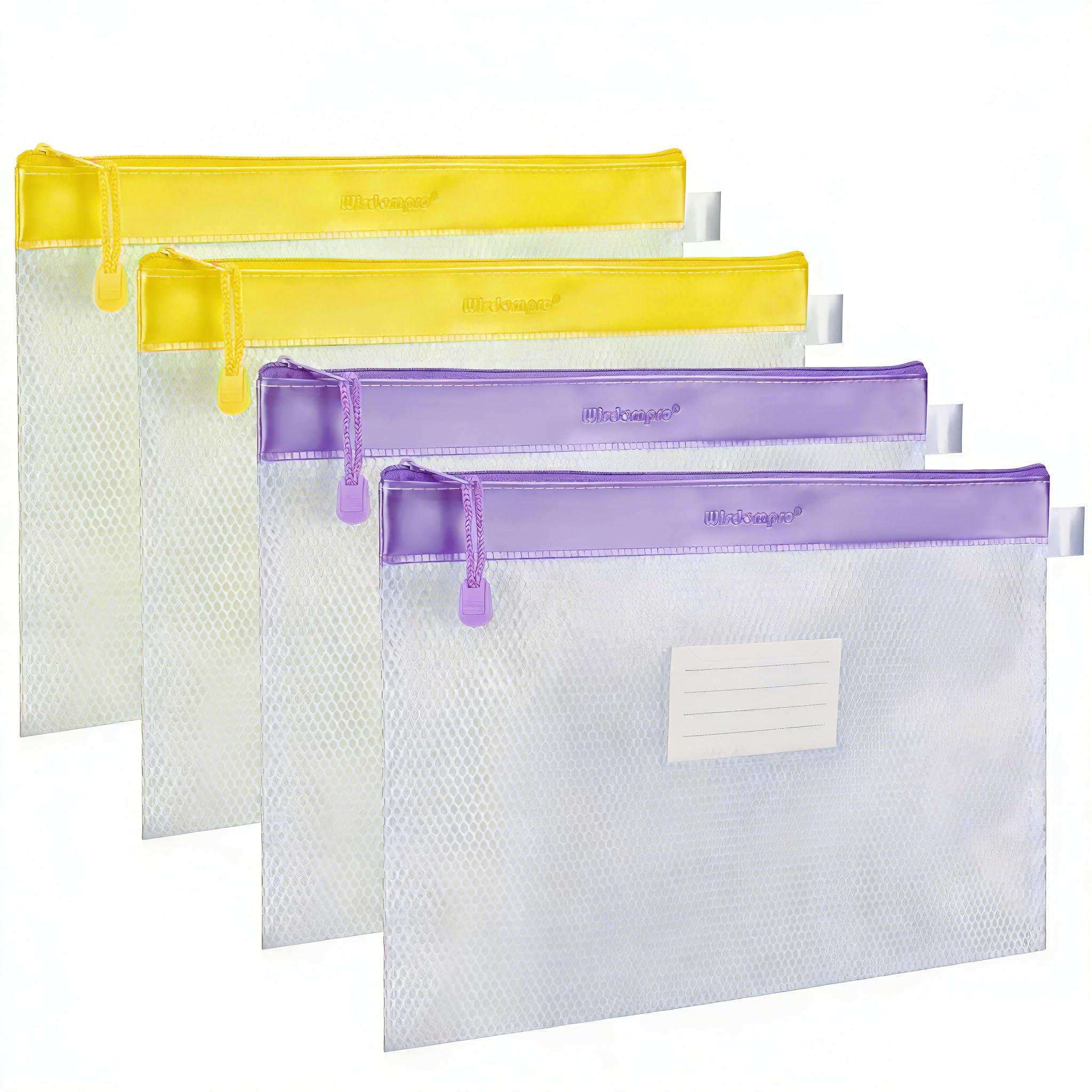 Wisdompro A4 Zip Wallets, Thick Plastic Wallets Zip Lock Bags Zipper Pouches, Mesh Document Folders with Label Pocket for File Storage Paper Receipt Organization - 2 Pack Purple 2 Pack Yellow