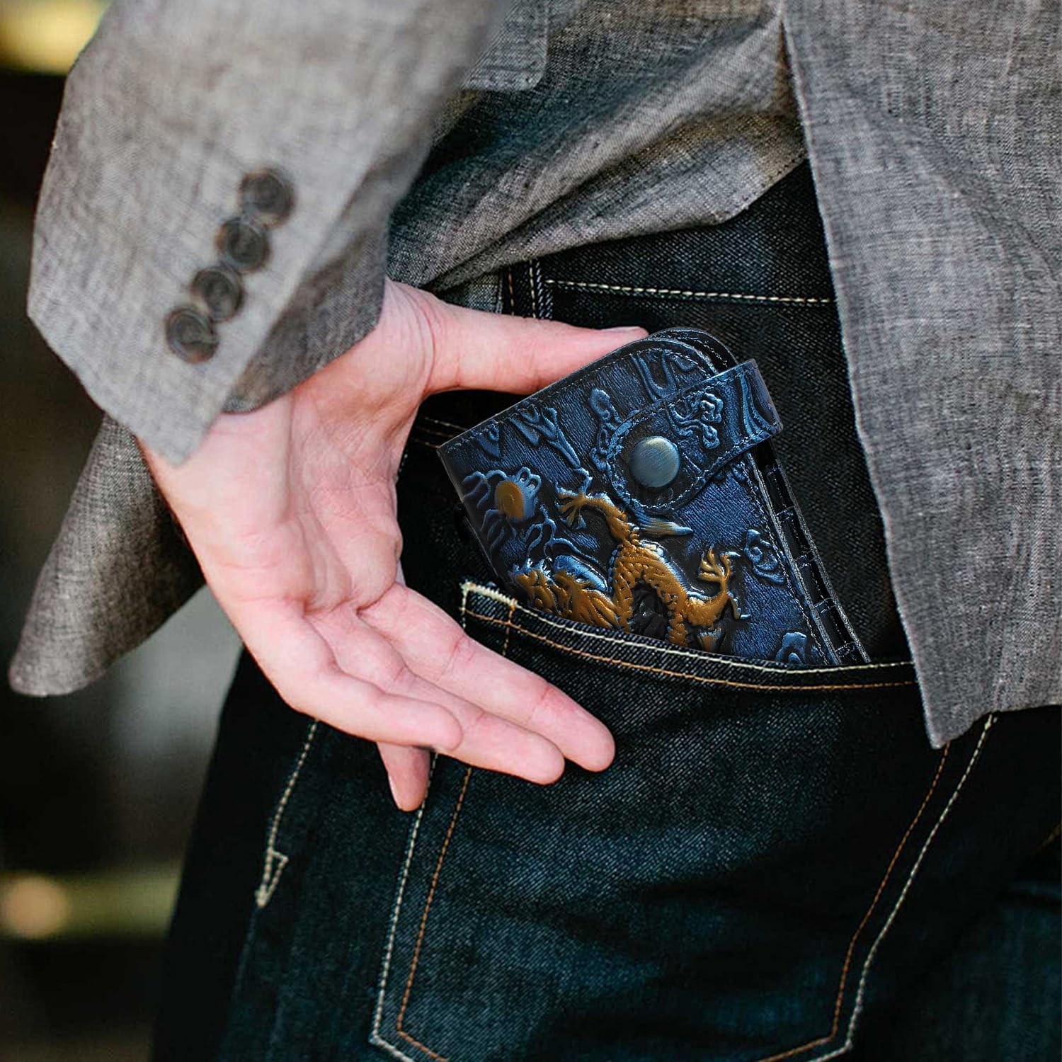 Genuine Crazy Horse Leather Travel Gift Coin Pocket Card Case Long Organizer Chain Rfid Wallet Purse With Snap For Men Male 1088 (1088 Dark Blue) - Image 7