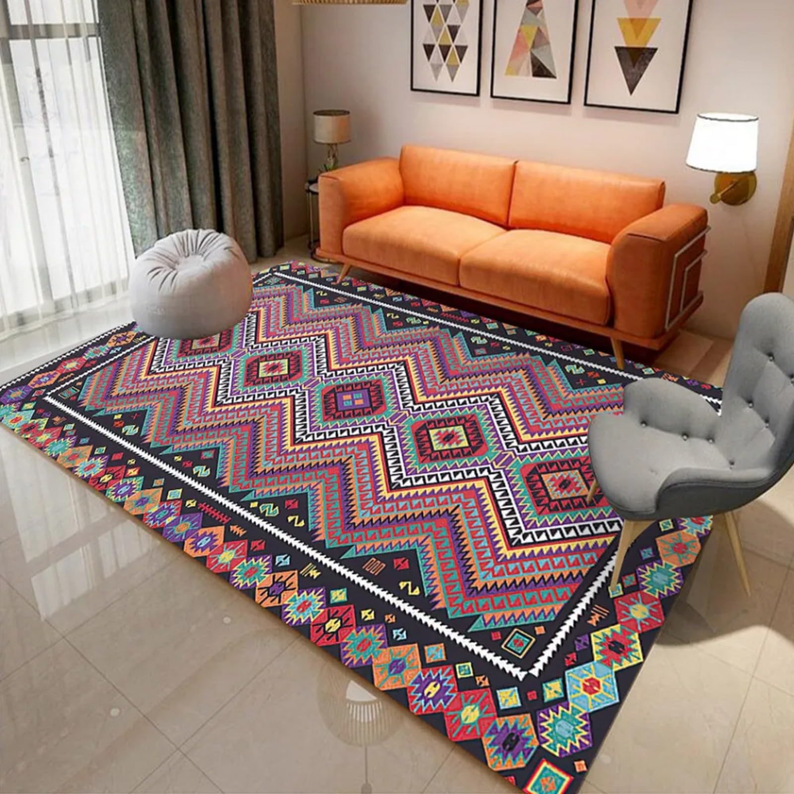 Tapis rectangle 140x200 cm à rayures géométriques rétro pour salon et chambre