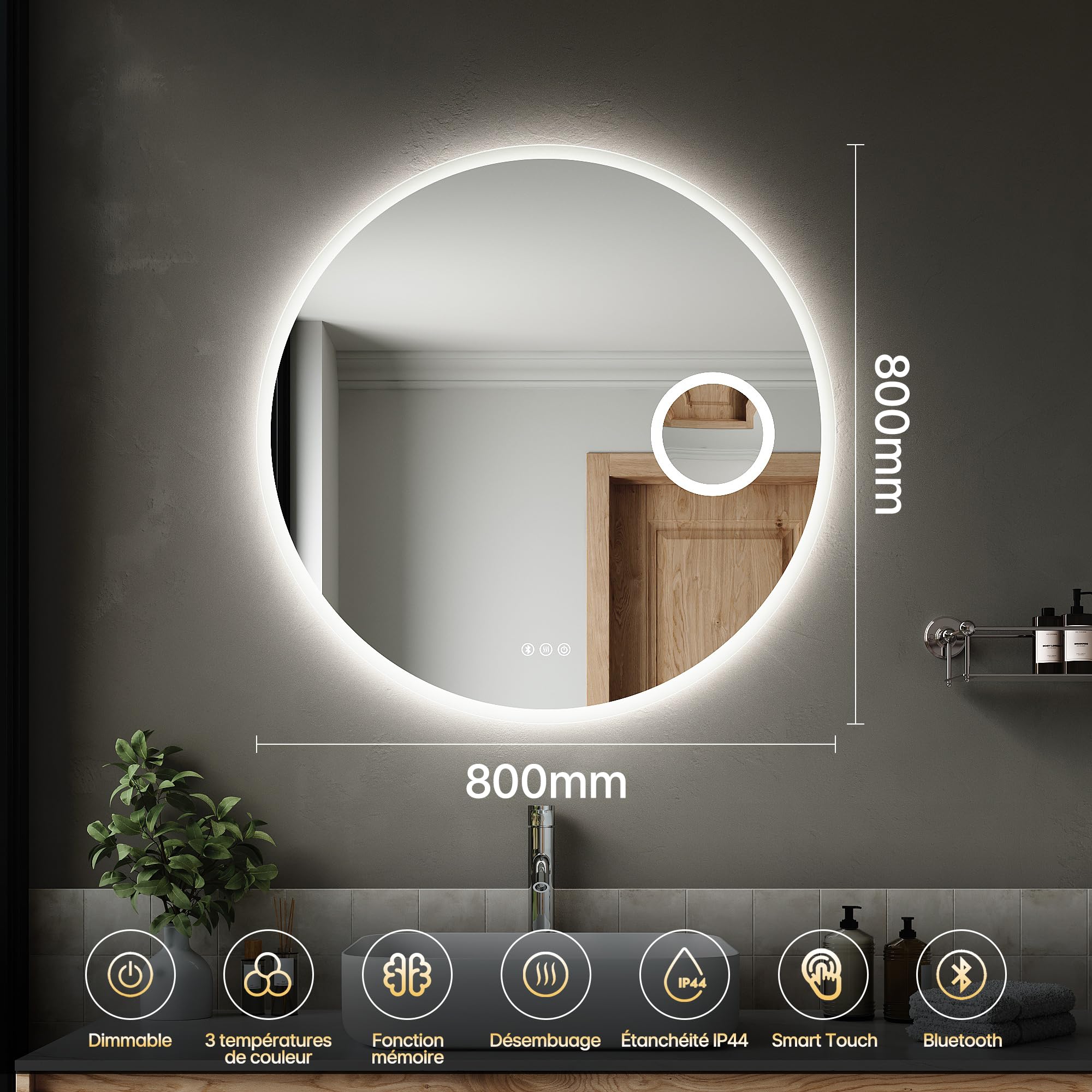 SIRHONA Specchio da bagno con illuminazione 80 cm, Bluetooth, dimmerabile, 3 colori leggeri, anti-appannamento, memoria, IP44, 3 x lente d'ingrandimento, specchio LED bagno, sensore tattile