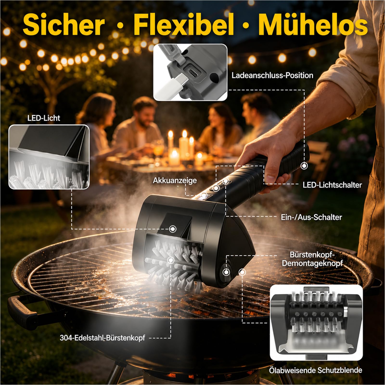 Elektrische Grillbürste für Grill, kabelloser BBQ Reiniger mit Akku | Wiederaufladbare Grill Reinigungsbürste mit starkem Motor, langem Griff für Gasgrill, Holzkohlegrill und Grillroste