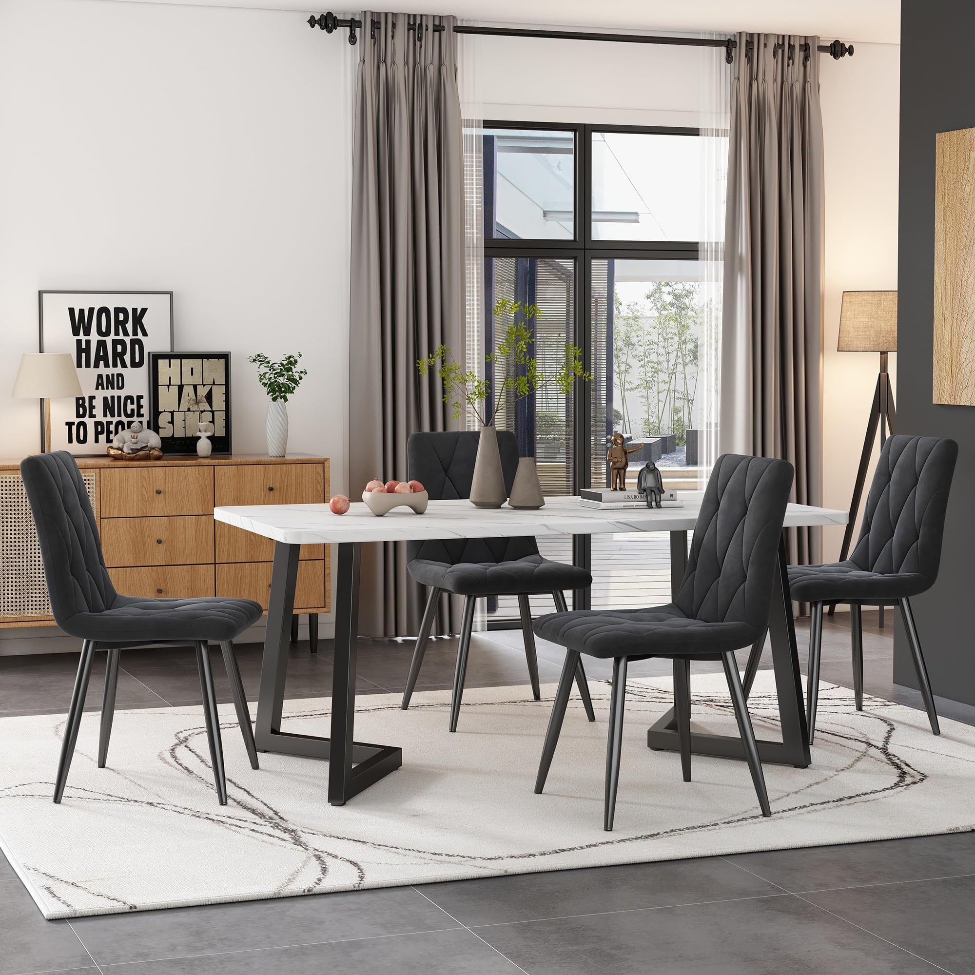 Mesa de comedor moderna de 5 piezas de terciopelo gris oscuro para renovar salones antiguos