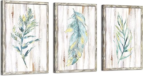 Obra de arte de madera con hojas de acuarela enmarcadas imágenes botánicas verdes con pinturas doradas para dormitorio (11 pulgadas de ancho x 16