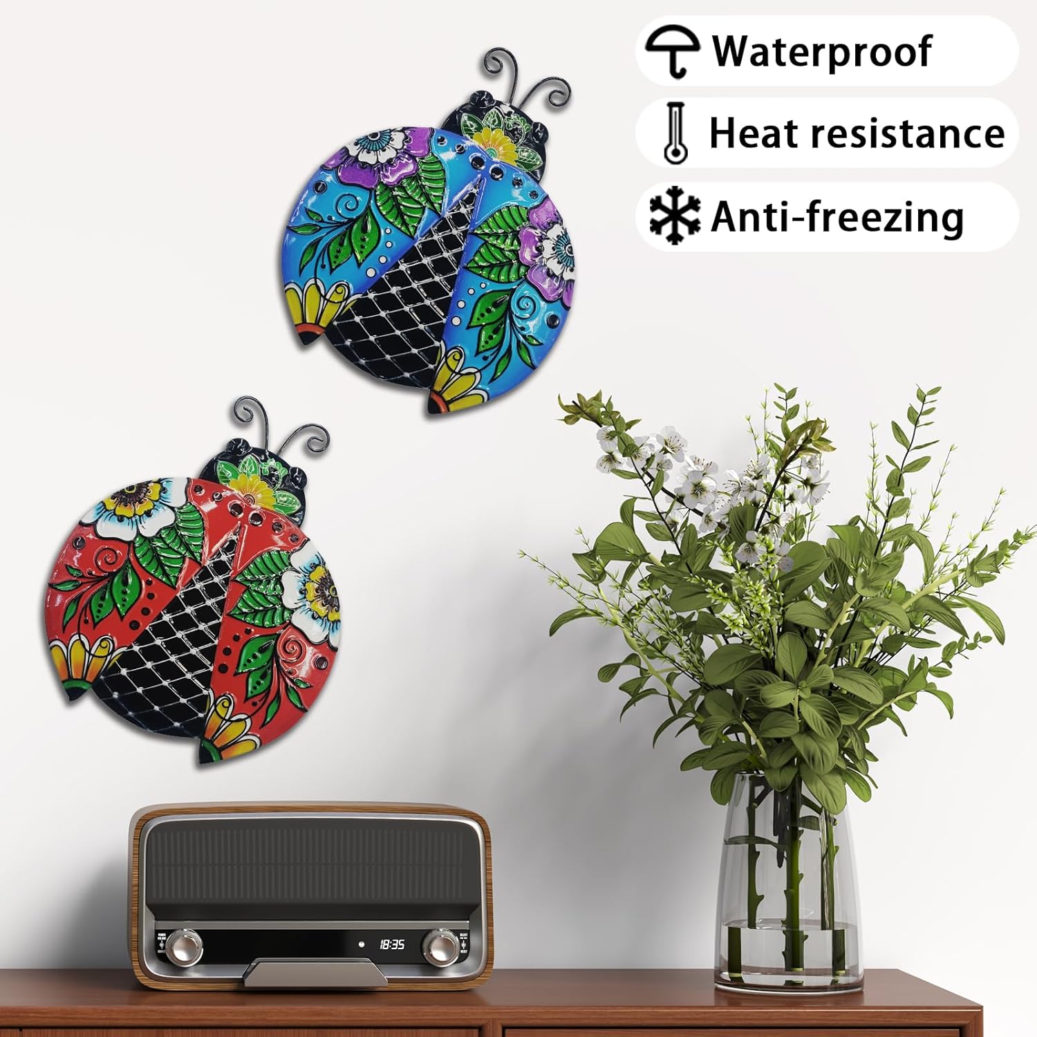 John's Studio 2Pcs Metal Ladybug Wall Decor Outdoor Garden Hanging Art Sculptures Home Ocean Theme Decorations for Kitchen Bathroom and Pool