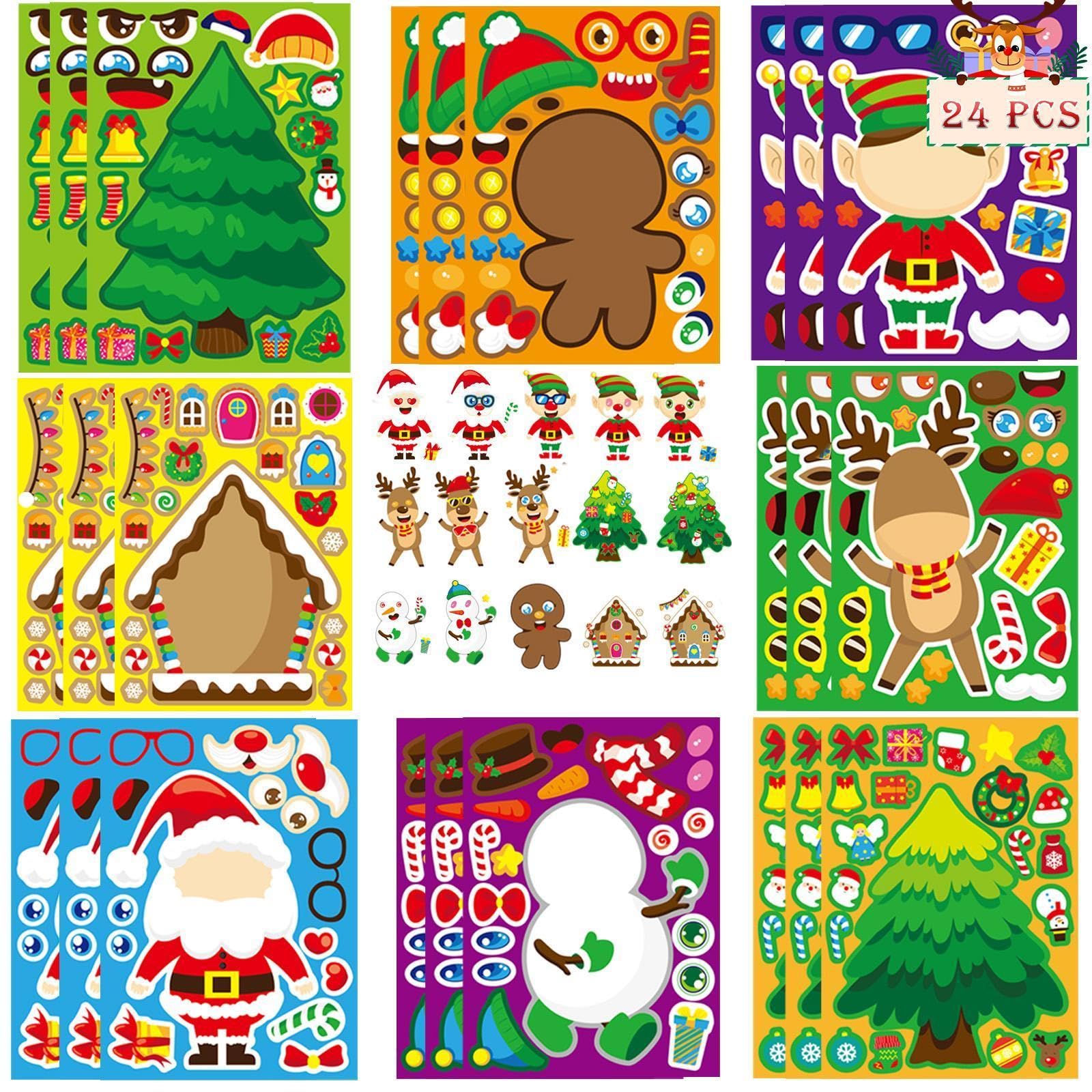 ShareWe24 PCS Christmas Stickers for Kids, Craft DIY Christmas Santa Snowman Stickers, Make Your Own Christmas Stickers for Kids Boys Girls Holiday Christmas Party Favors Games Stickers