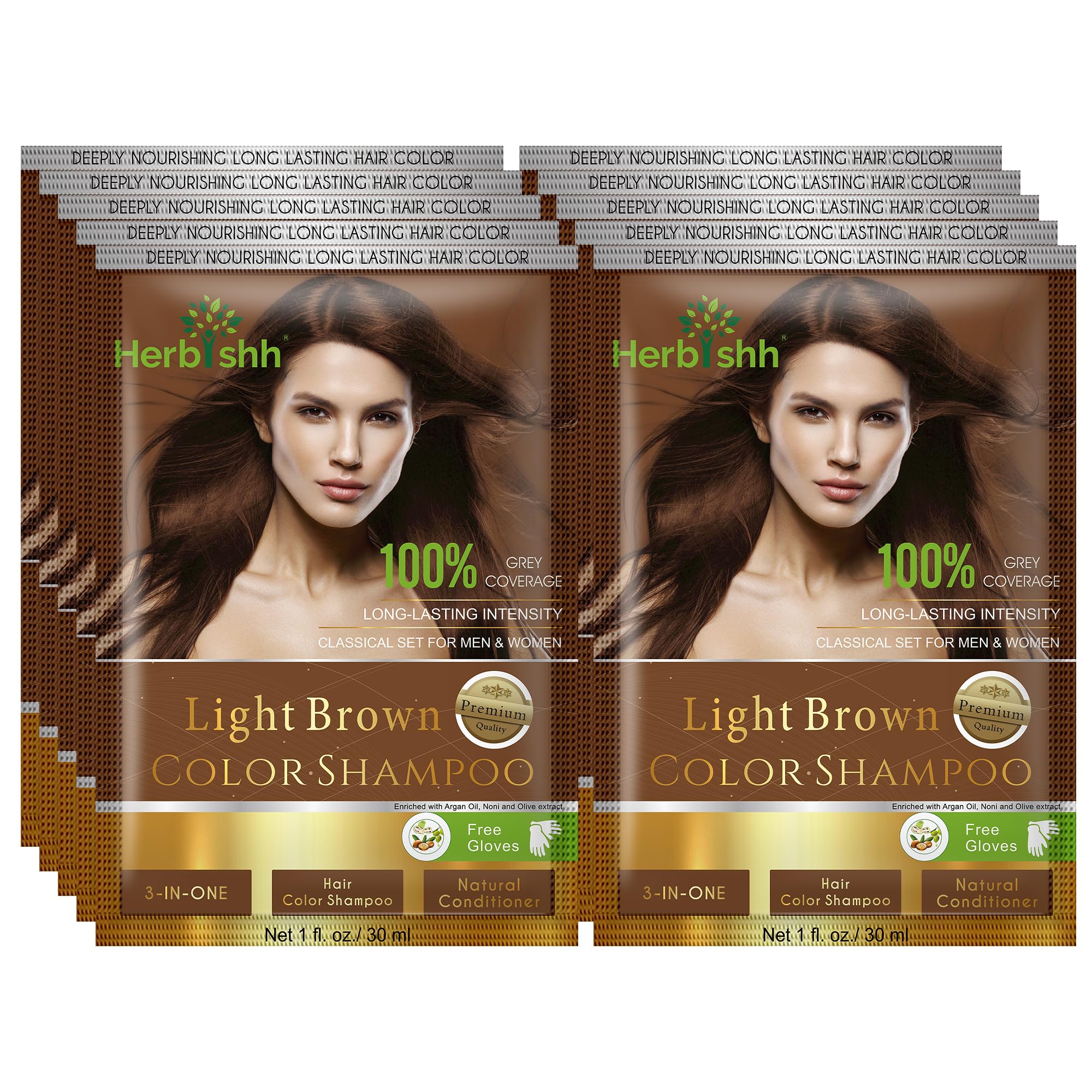 Hair Color Shampoo For Grey Hair All Natural Hair Dye Shampoo With Bio-Active Ingredients Long Lasting Color Travel-Friendly Pack (10 X 30Ml Sachets) + 1 Pack Hair Mask Sachets (Light Brown)
