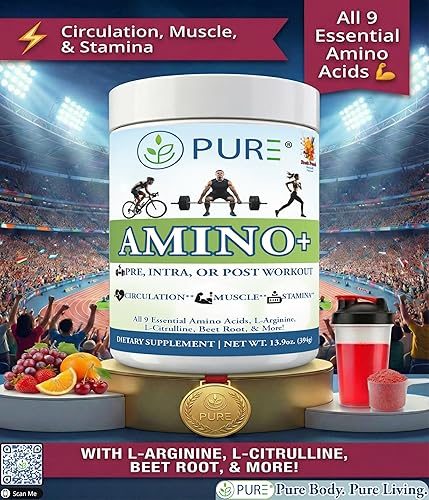 Miniatura 2 de PURE Amino+ - Mezcla de bebidas, salpicaduras de frutas, 9 aminoácidos esenciales, L-arginina, L-citrulina, 17.67 oz, 30 porciones, suplemento de