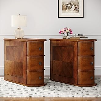 3 Drawers Wood End Table, No Assembly Required Narrow Sofa Side Table for Living Room, Vintage Slim Nightstand Bedside Table for Bedroom, Finished Back (3 Drawers, 2 Pcs)