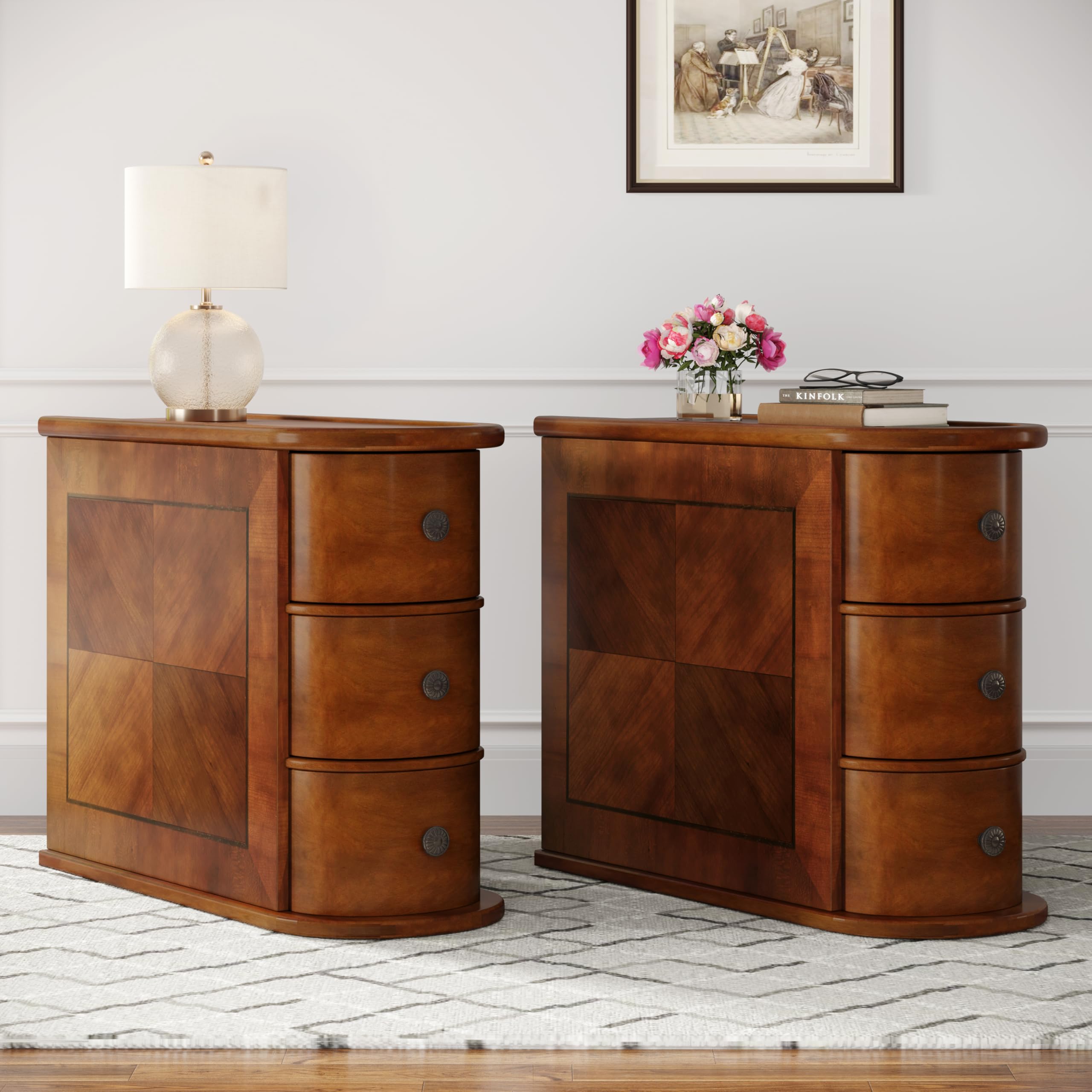 3 Drawers Wood End Table, No Assembly Required Narrow Sofa Side Table for Living Room, Vintage Slim Nightstand Bedside Table for Bedroom, Finished Back (3 Drawers, 2 Pcs)