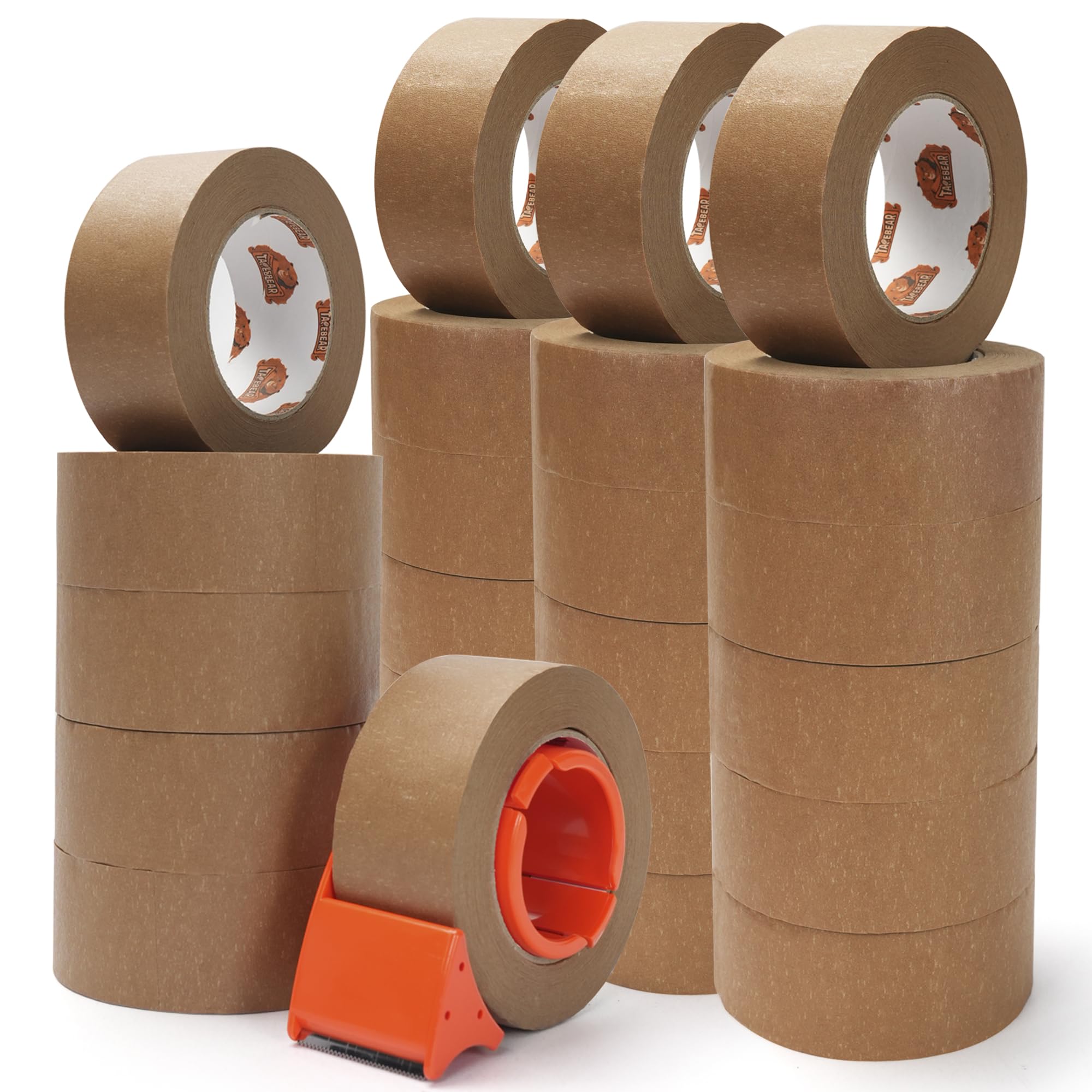 TAPEBEAR Eco-Friendly Kraft Paper Tape with Dispenser, Biodegradable Heavy Duty Packing Tape 5cm*50m, Recyclable Packaging Tape Self Adhesive Box Tape for Shipping, Sealing, Moving, 24Rolls