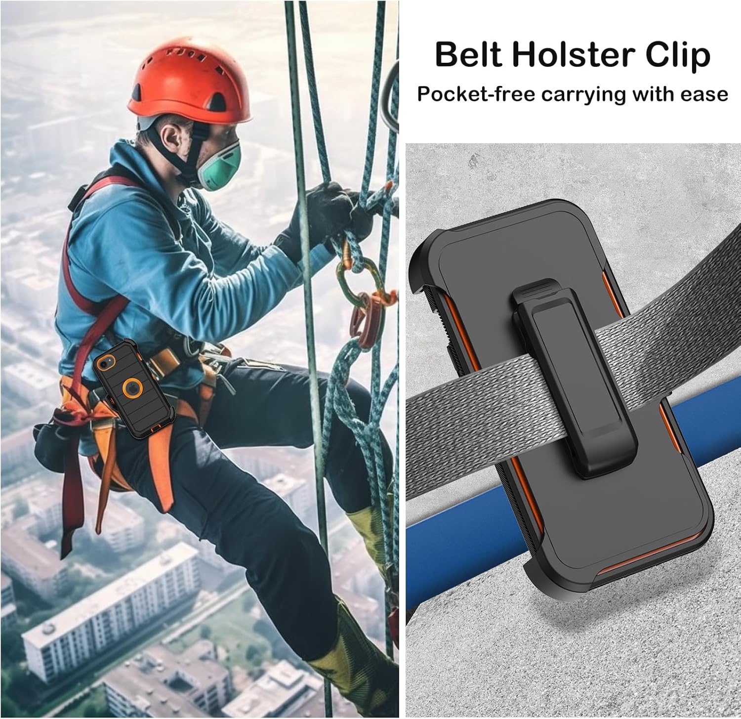 for iPhone 16e Case with Belt Clip Holster,Screen Protector X2,Heavy Duty Shockproof Drop Protection Military Grade 3 Layers Full Covered Rugged Durable Phone Cover for Apple 16e (Black Orange) - Image 6