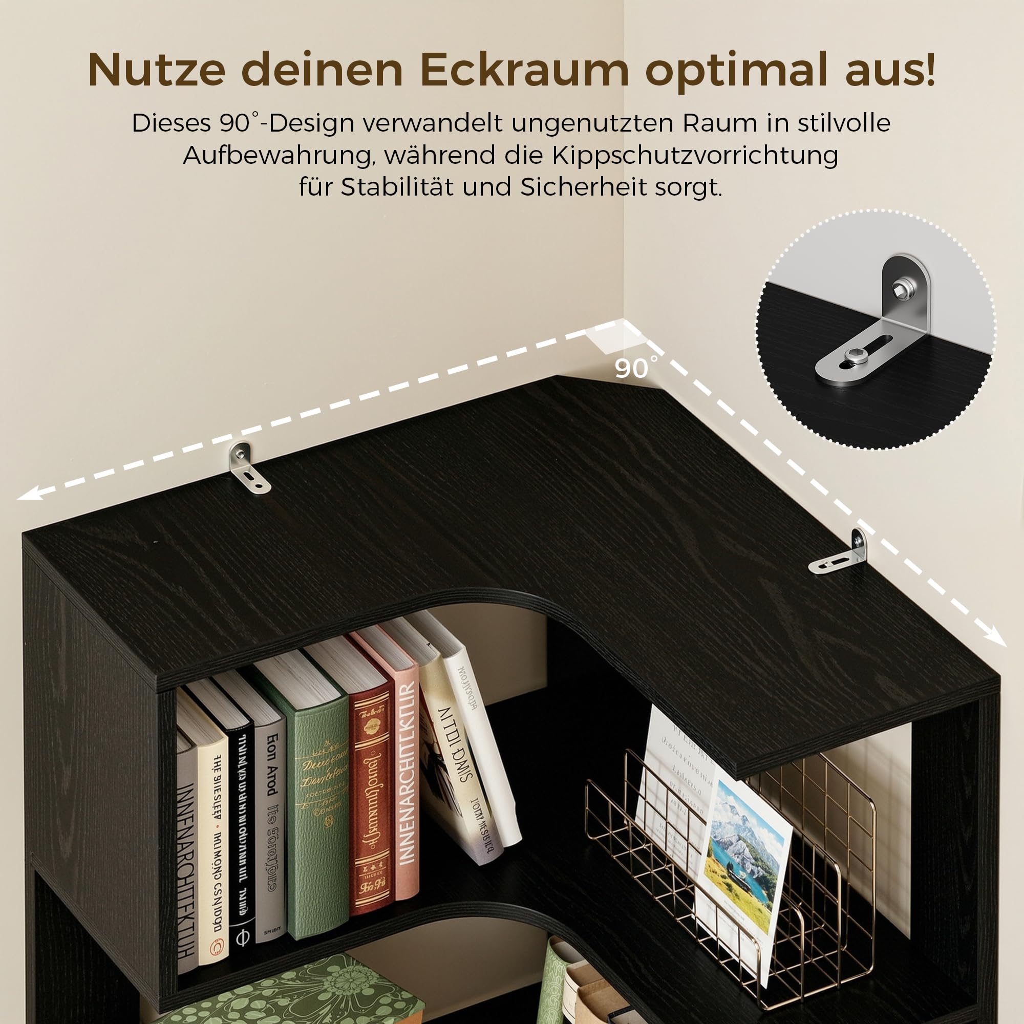 IRONCK Bücherregal 6 Ebenen Eckregal 204cm Hoch L-förmiges Standregal mit Schutzleiste, Holz offenes Regal & Aufbewahrungsregal für Wohnzimmer, Büro, Schlafzimmer, Schwarz