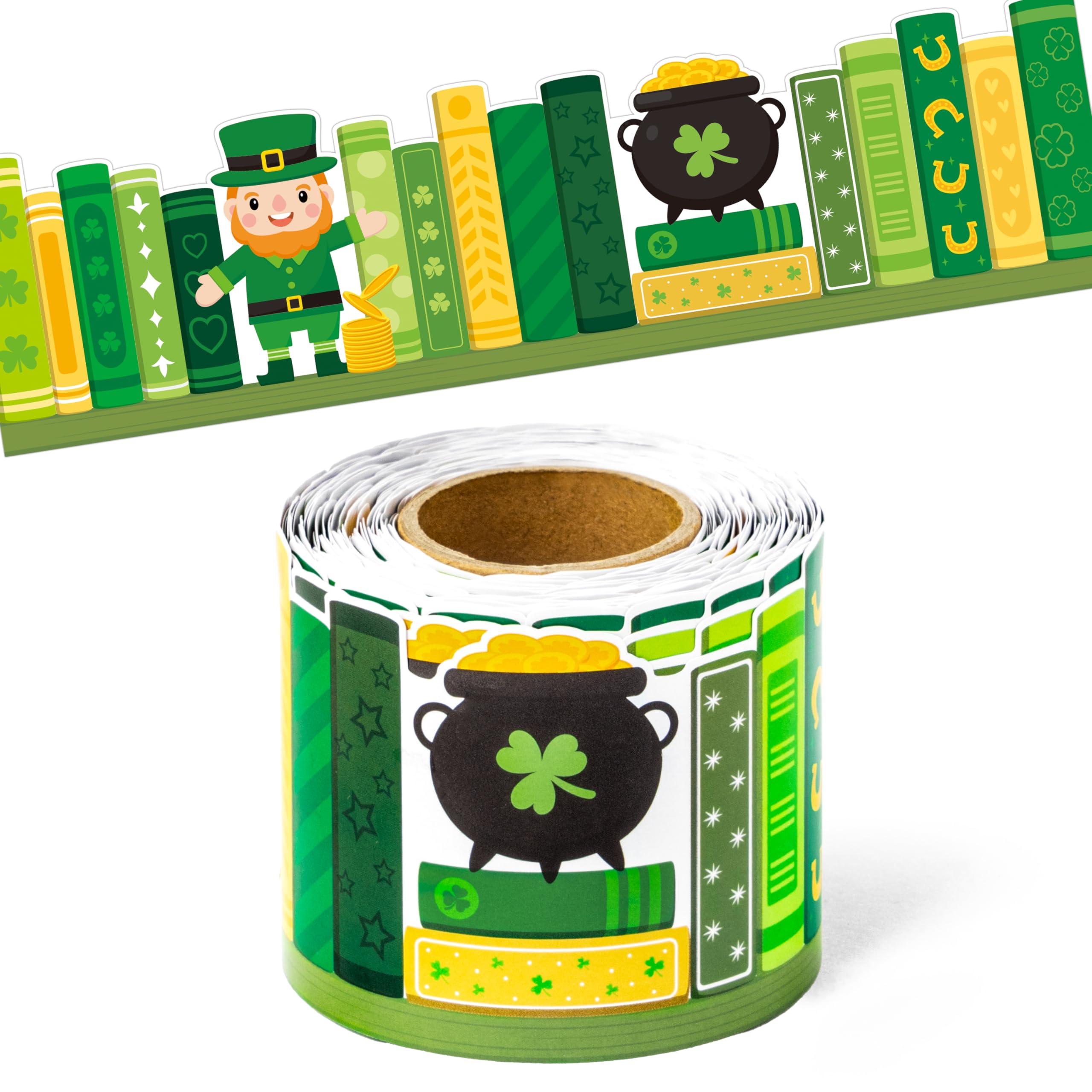 BeYumi Shamrock Bookshelf Border Trim - 65ft St Patrick's Day Green Books Rolled Border Trim Green Shamrock Bookshelf Bulletin Board Set Library Classroom Office Chalkboard Home Wall Party Decoration