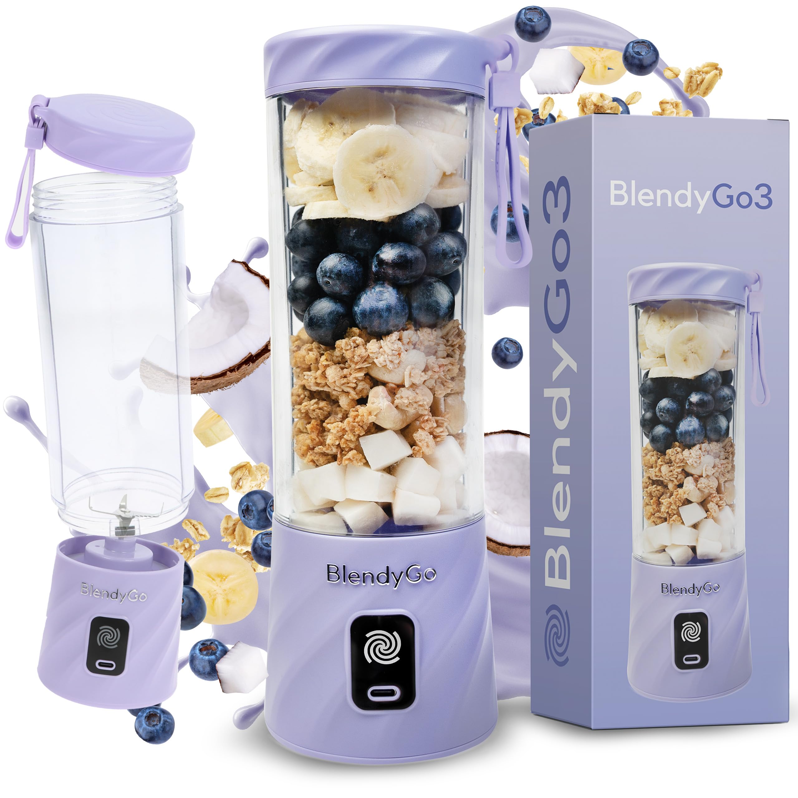 Batidora BlendyGo 3, batidora de vaso portátil, blender recargable por USB, ideal para smoothies, batidos y batidos de proteínas, mexzclador portátil potente, 500 ml (Lavanda)