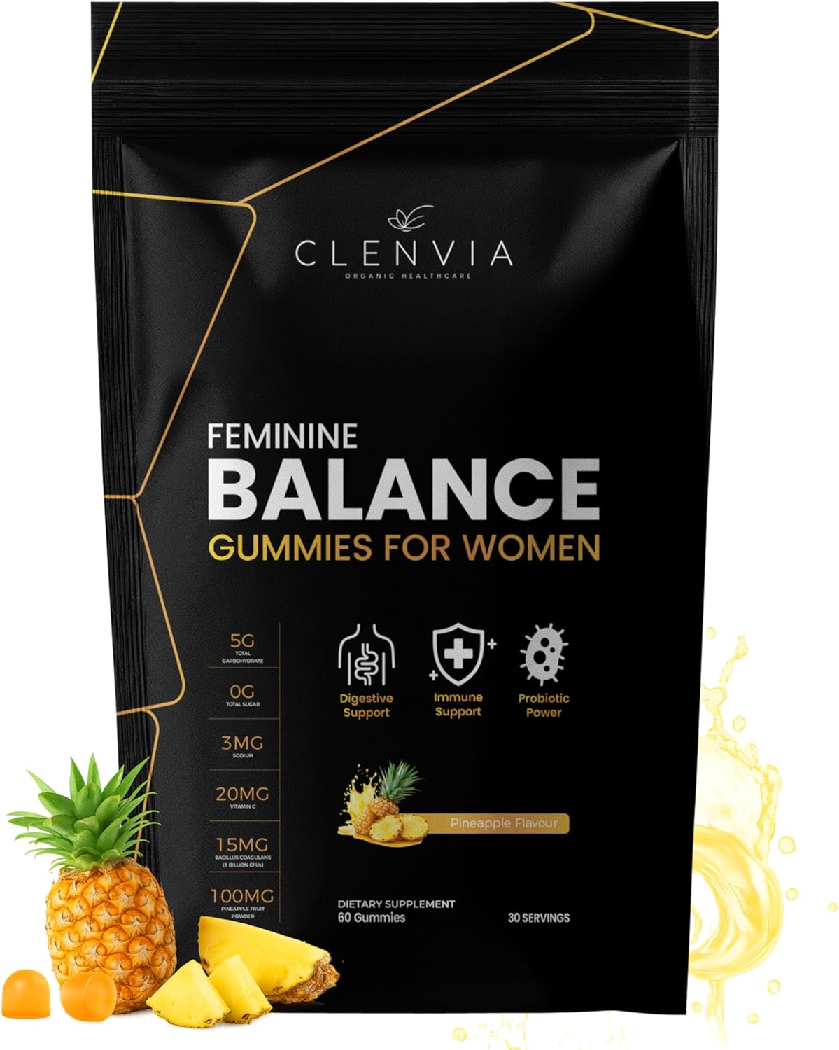 Premium Feminine Balance Gummies for Women – Pineapple Gummies for Women pH Balance & Immune Support – Probiotic with Vitamin C – Vegan, Gluten-Free – 60 Gummies