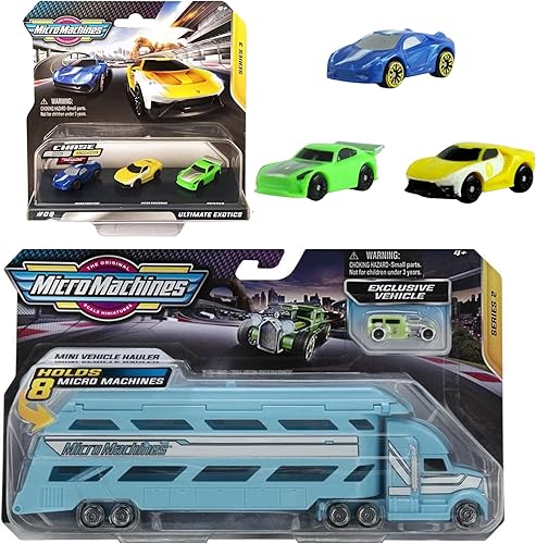 Toptoys2u Bargain Bundles Micro Machines - Mini transportador de vehículos azul con 1 vehículo exclusivo y Ultimate Exotics #9-3 Pack
