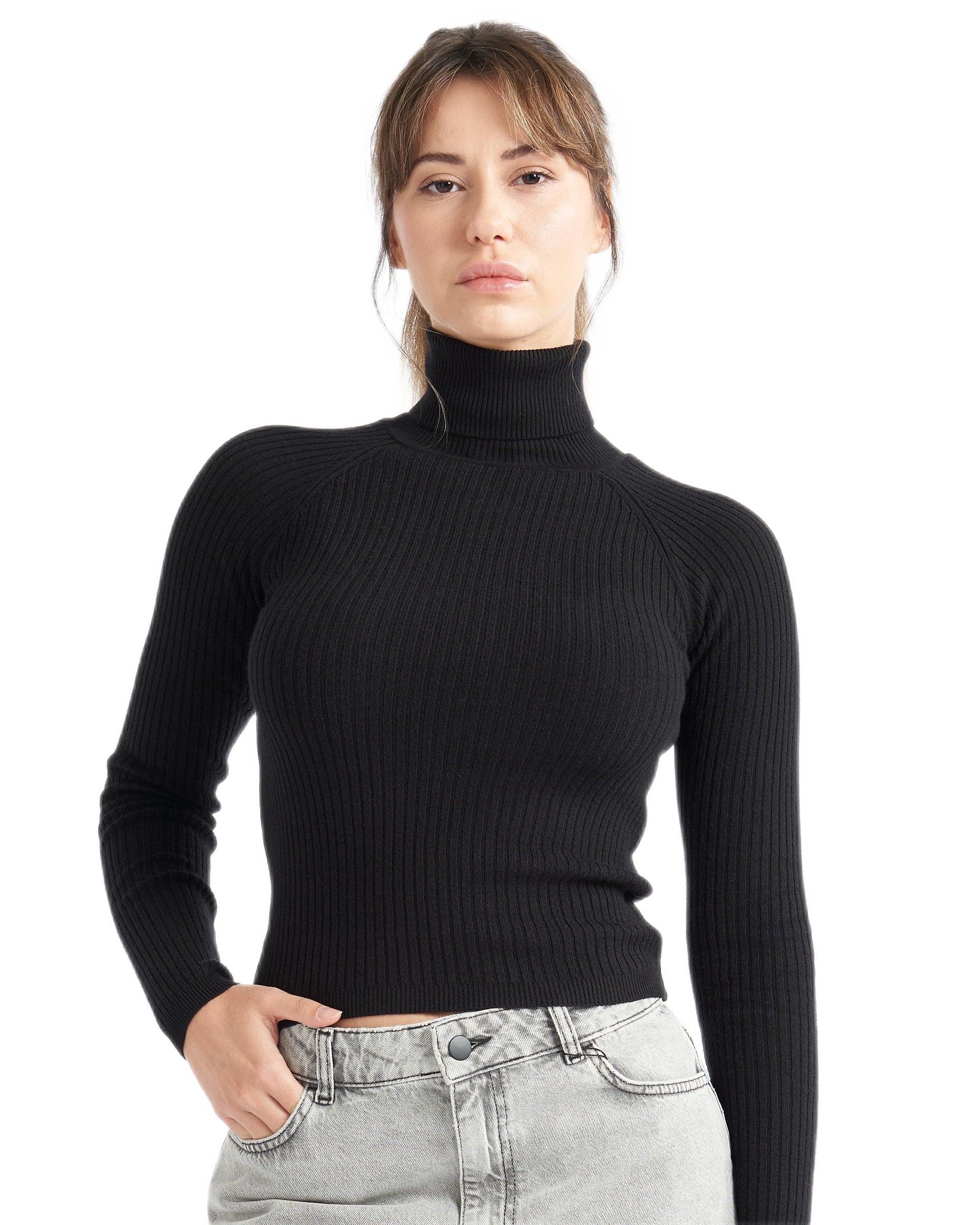 Alsestudio Women's Black `S Turtle Neck Jumper Premium Quality Silk Touch Long Sleeve Soft Ribbed Pullover Essential Knitted Roll Neck Sweaters Medium