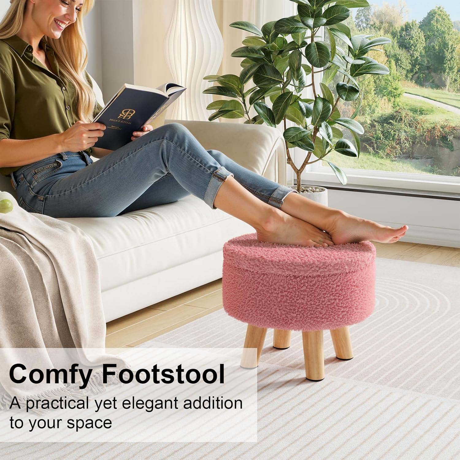 Pink Storage Ottoman Foot Rest, Small Sherpa Ottoman with Storage, Cute Round Foot Stool, Modern Pouf Ottomans Coffee Table, Boucle Teddy Footstools for Couch, Living room, Nursery, Dorm, Enterway