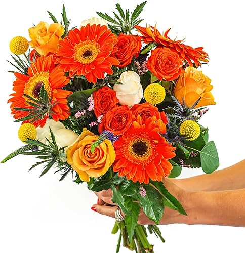 BloomsyBox Ramo de celebración Flores frescas en colores vibrantes Craspedia, Eryngium, Gerbera, Roses, Veronica, eucalipto Silver Dollar Arreglo